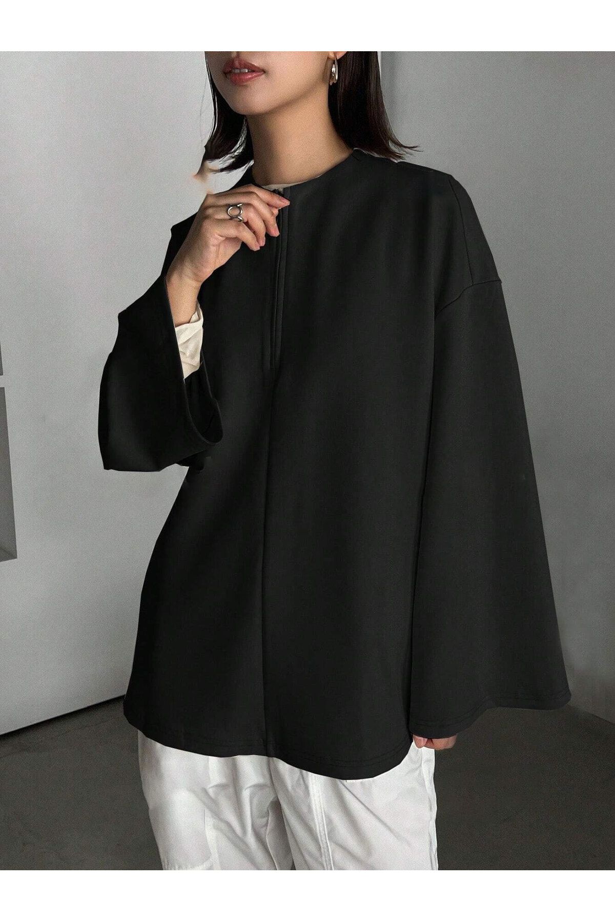 Kadın Siyah İspanyol Kol Bol Kalıp Fermuarlı Modest Bluz