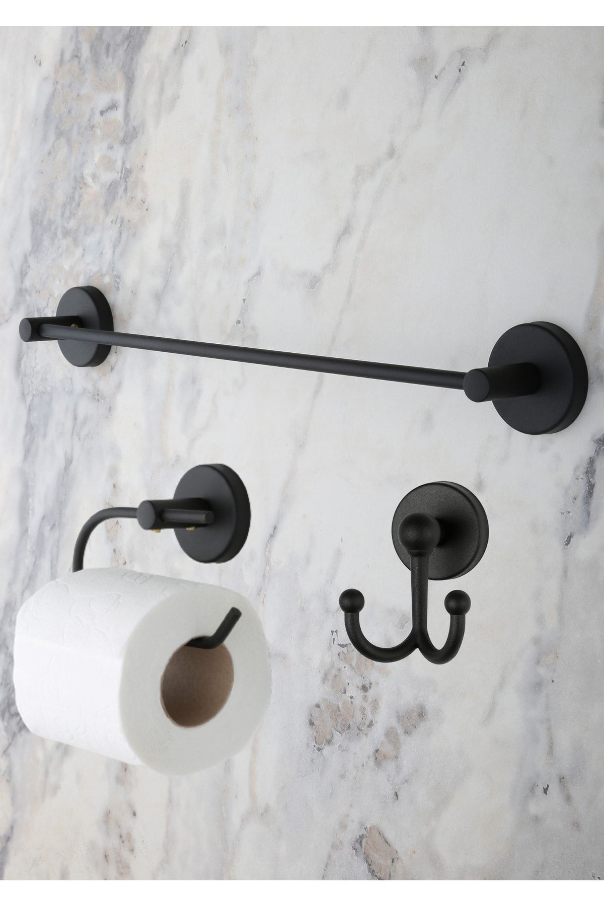 Banyo Aksesuar Seti, Siyah, Düz Havluluk, K. Tuvalet Kağıtlığı, Bornozluk - Mat Siyah