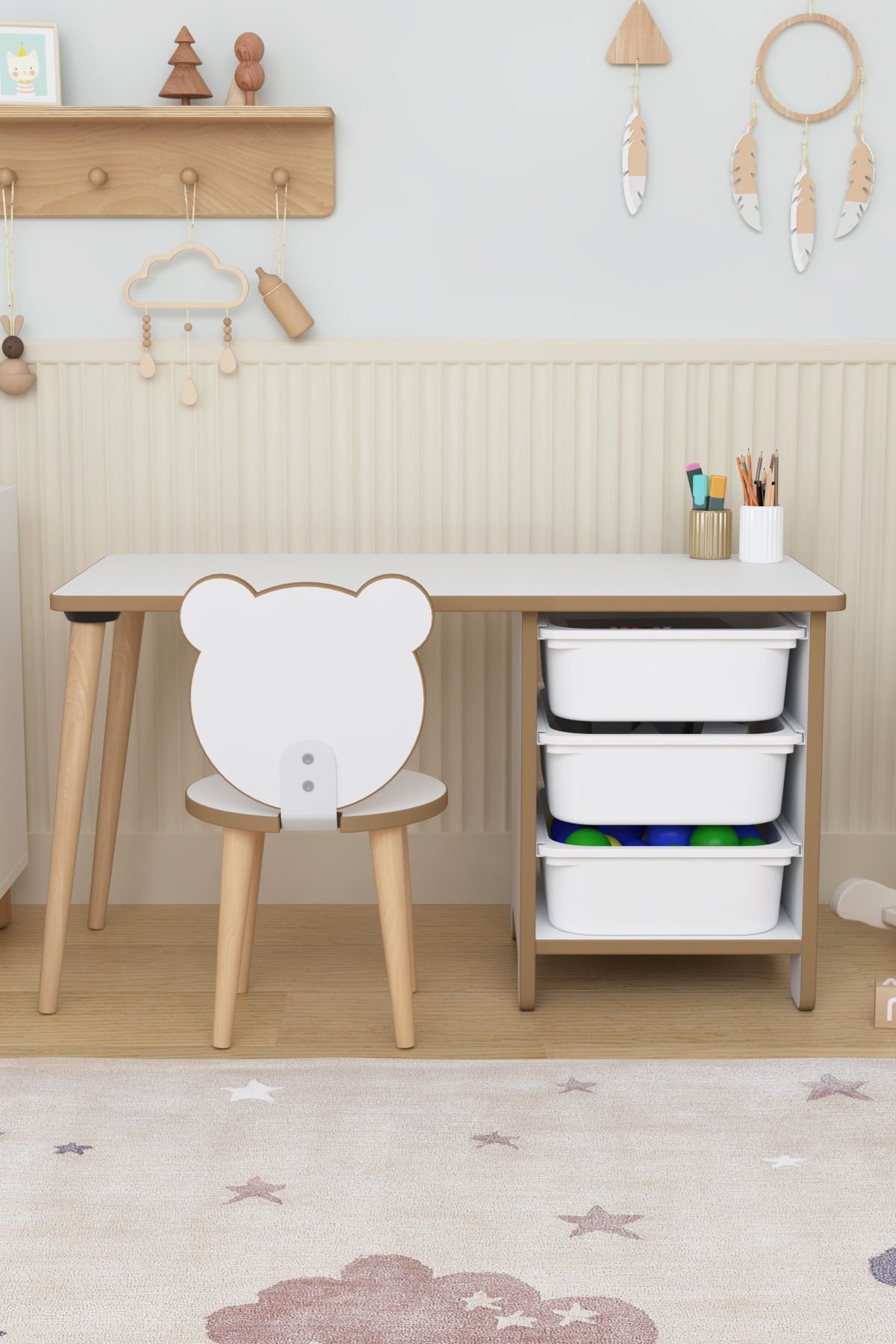 Çocuk Oyun Aktivite Masası 90x45 Cm 3 Sepetli Çocuk Çalışma Masası Arkalıklı Sandalye - Panda