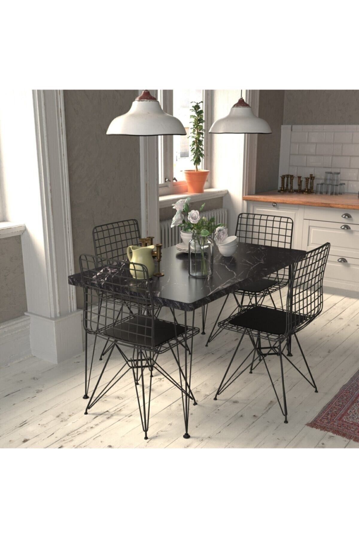 Masa Sandalye Takımı Mermer Desen 110x70 Cm Masa 4 Sandalye Seti