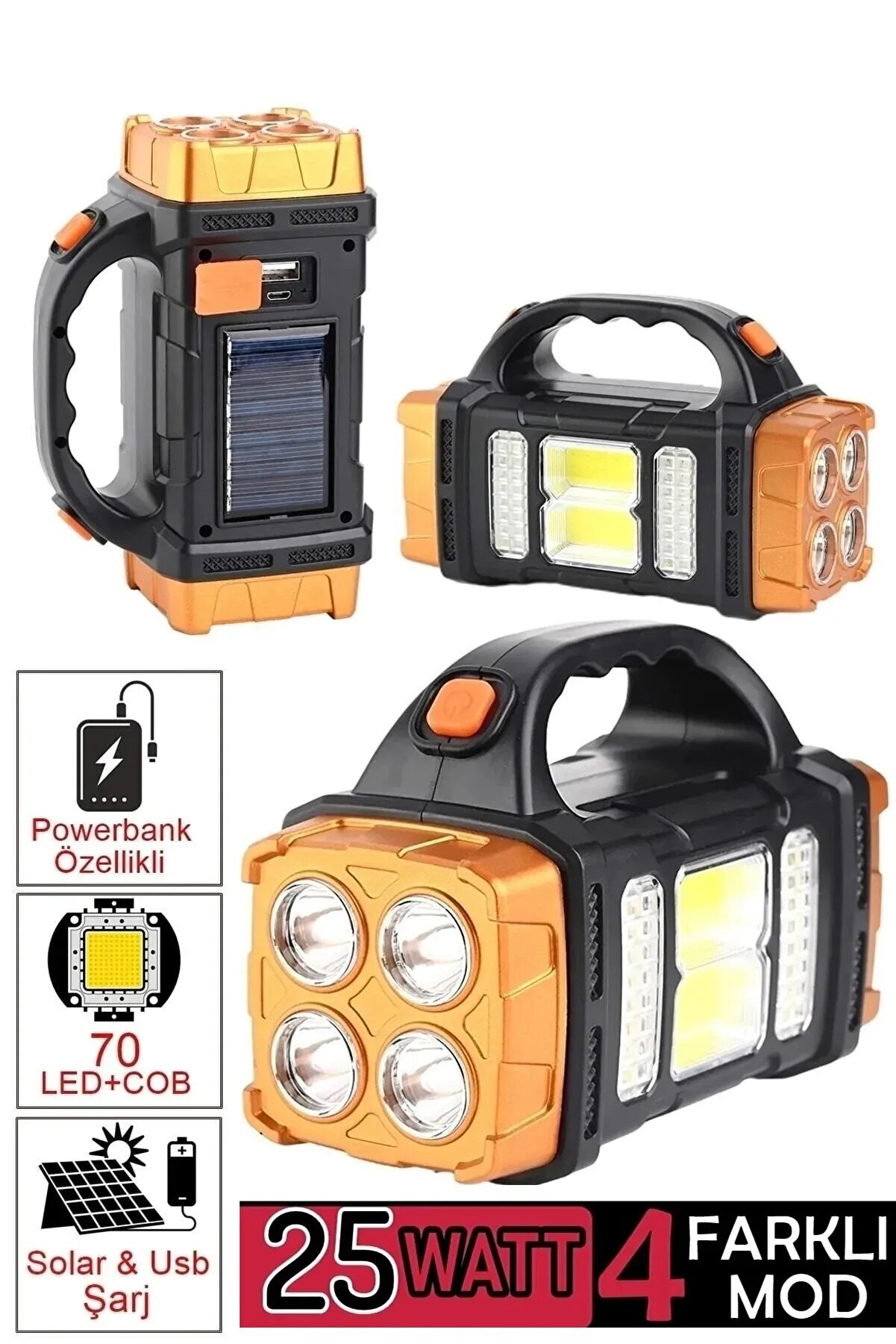 V-2678 Uzun Menzilli Solar Panelli 25w Powerbank Usb Çıkış 4 Mod Lu Ultra Güçlü Ledli Şarjlı Feneri