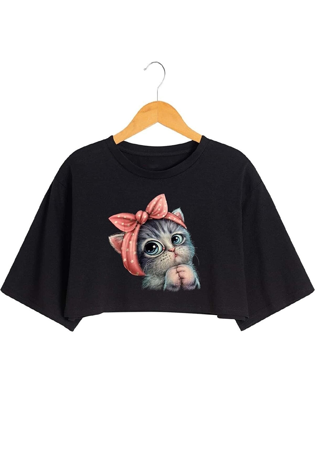 Kadın Sevimli Minik Kedi Baskılı Crop T-shirt