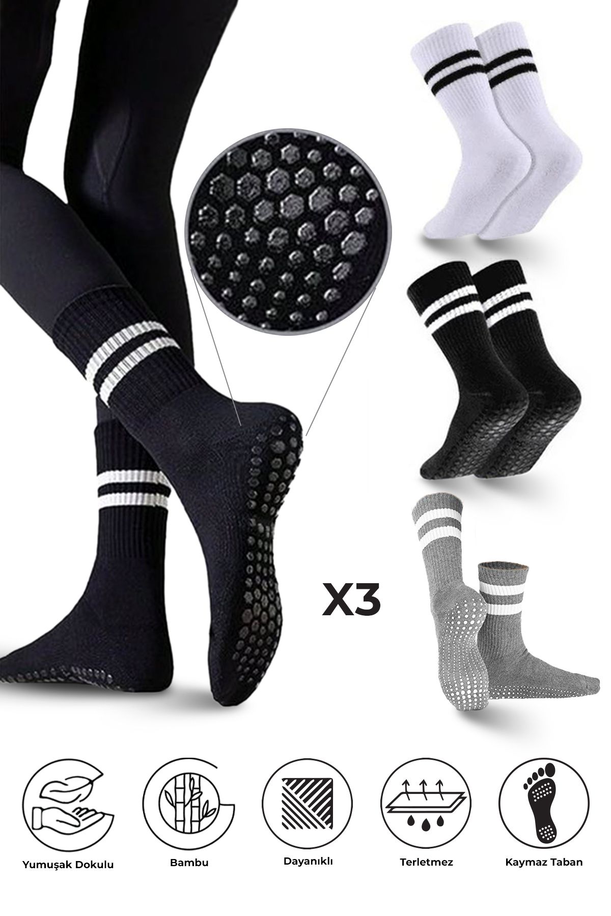 Bambu Kadın Kaydırmaz Taban Silikon Baskı Pilates Yoga Fitness Bale Dans Aktivite Tenis Çorabı 3'lü