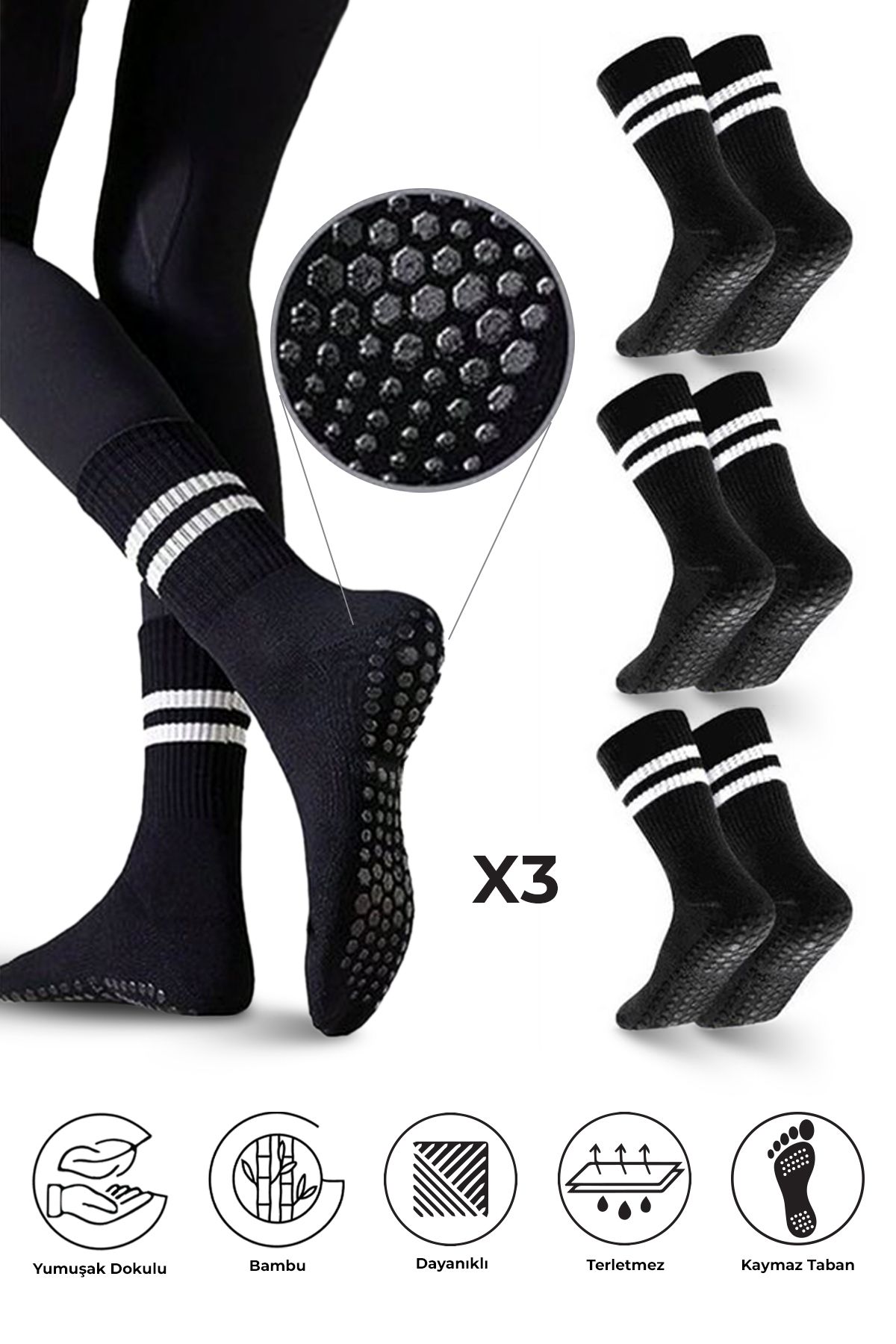 Bambu Kadın Siyah Kaydırmaz Taban Silikon Baskı Pilates Yoga Fitness Dans Aktivite Tenis Çorabı 3'lü
