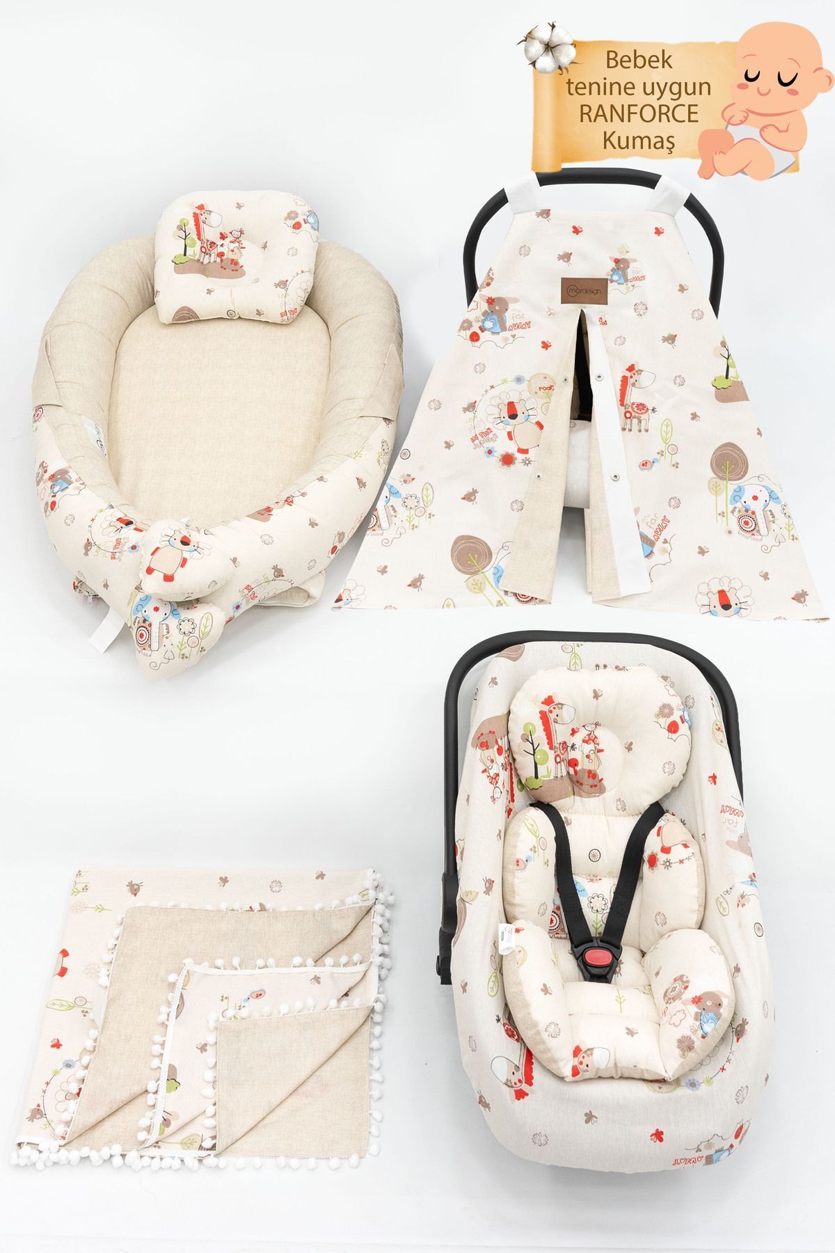 Ortopedik Puset Minder, Çarşaf, Örtü, Pike Ve Anne Yanı Babynest Yatak 6'lı Set, Animal Serisi