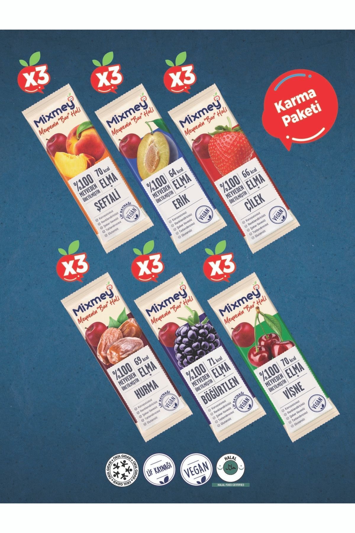 Karma 3 Paket Meyve Bar 18 Adet | Glutensiz, Vegan Sağlıklı Atıştırmalıklar - 20gr X 18 Adet