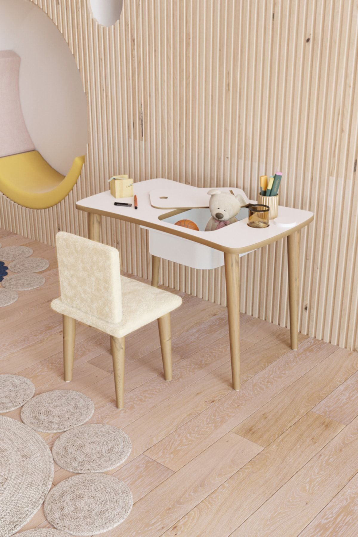 Montessori Çocuk Masası Oyun Masası Aktivite Masası Çalışma Masası -1 Adet Beyaz Welsoft Sandalyeli