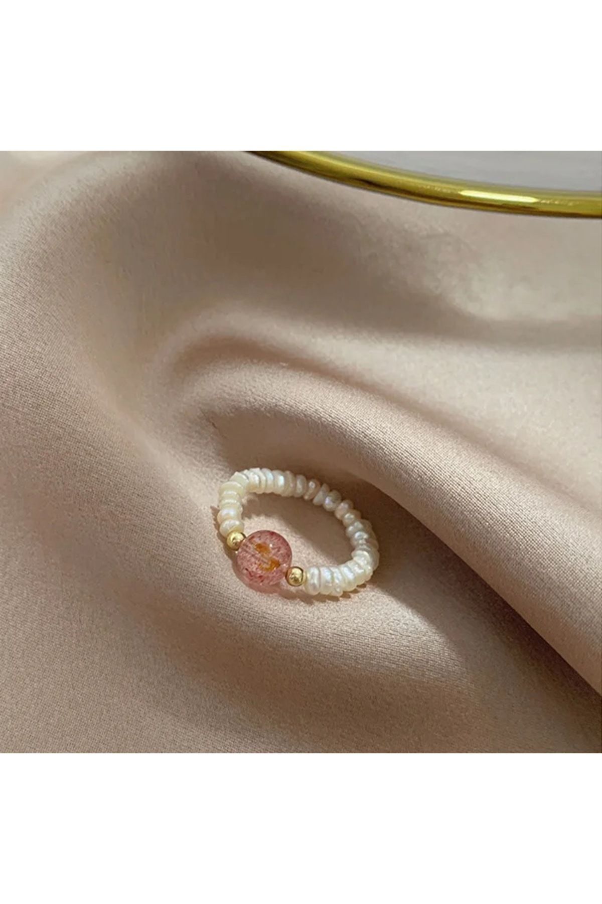 Gerçek Kum İncili Çilek Kuvars Taşlı Yüzük