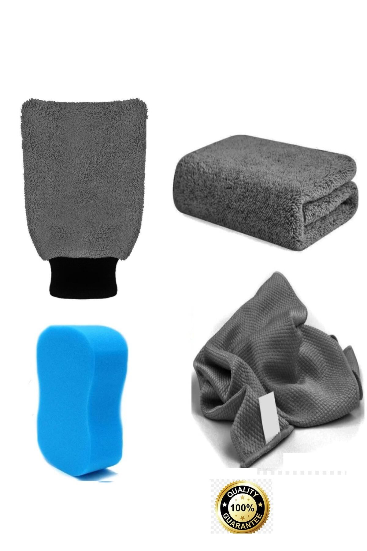 Extra 4'lü Araç Yıkama Kurulama Temizlik Paket-kurulama(40X40 CM)- Cam Bezi(40X40 CM)-eldiven-sünger