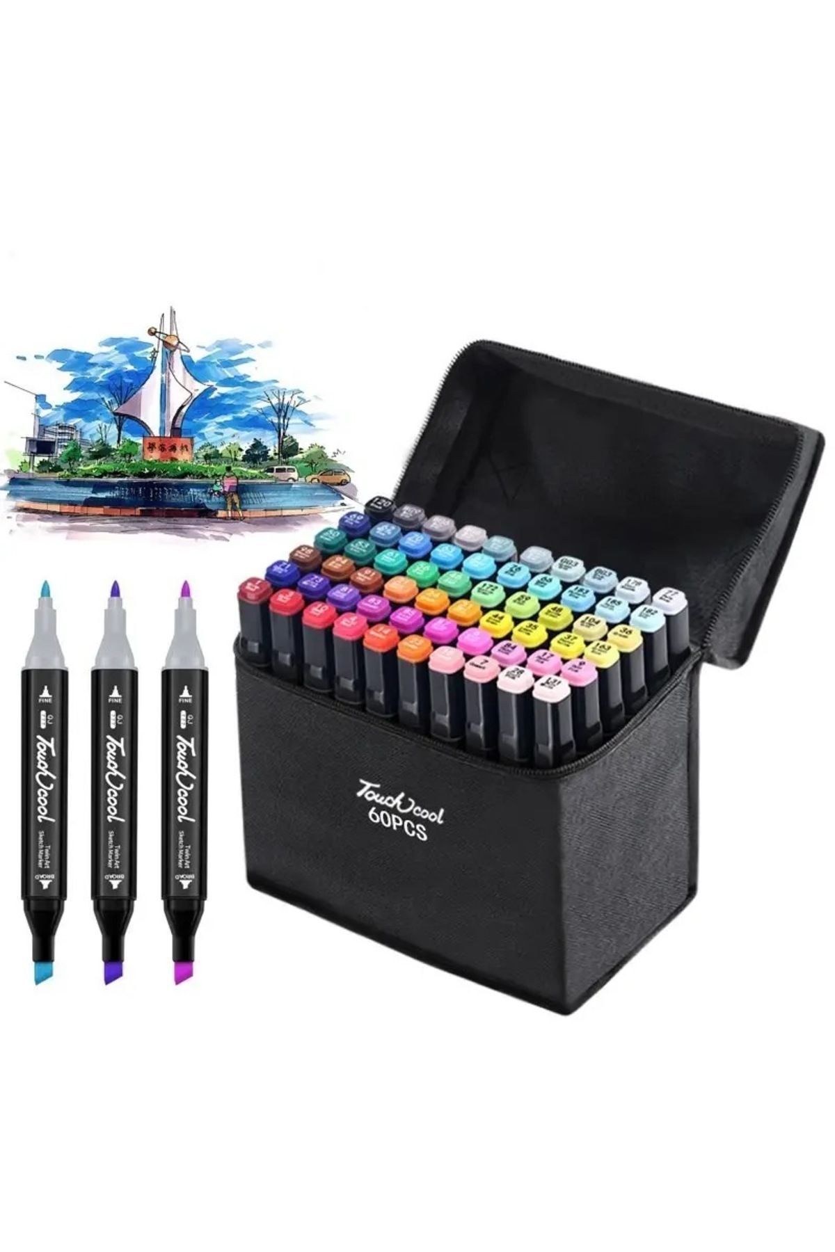 60’lı Çift Taraflı Art Marker Kalem Seti Çanta