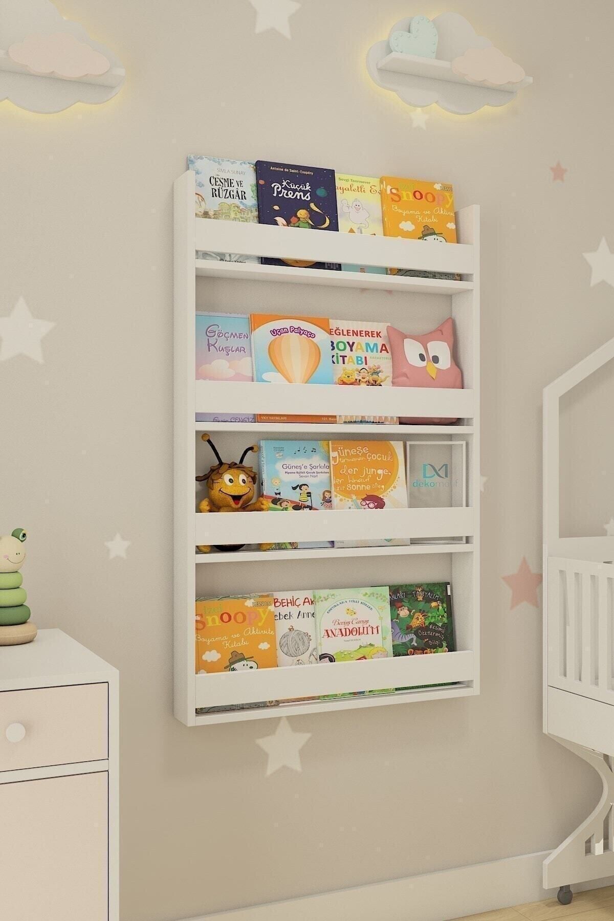 Montessori Çocuk Odası Eğitici Kitaplık 4 Rafl Beyaz Kitaplık