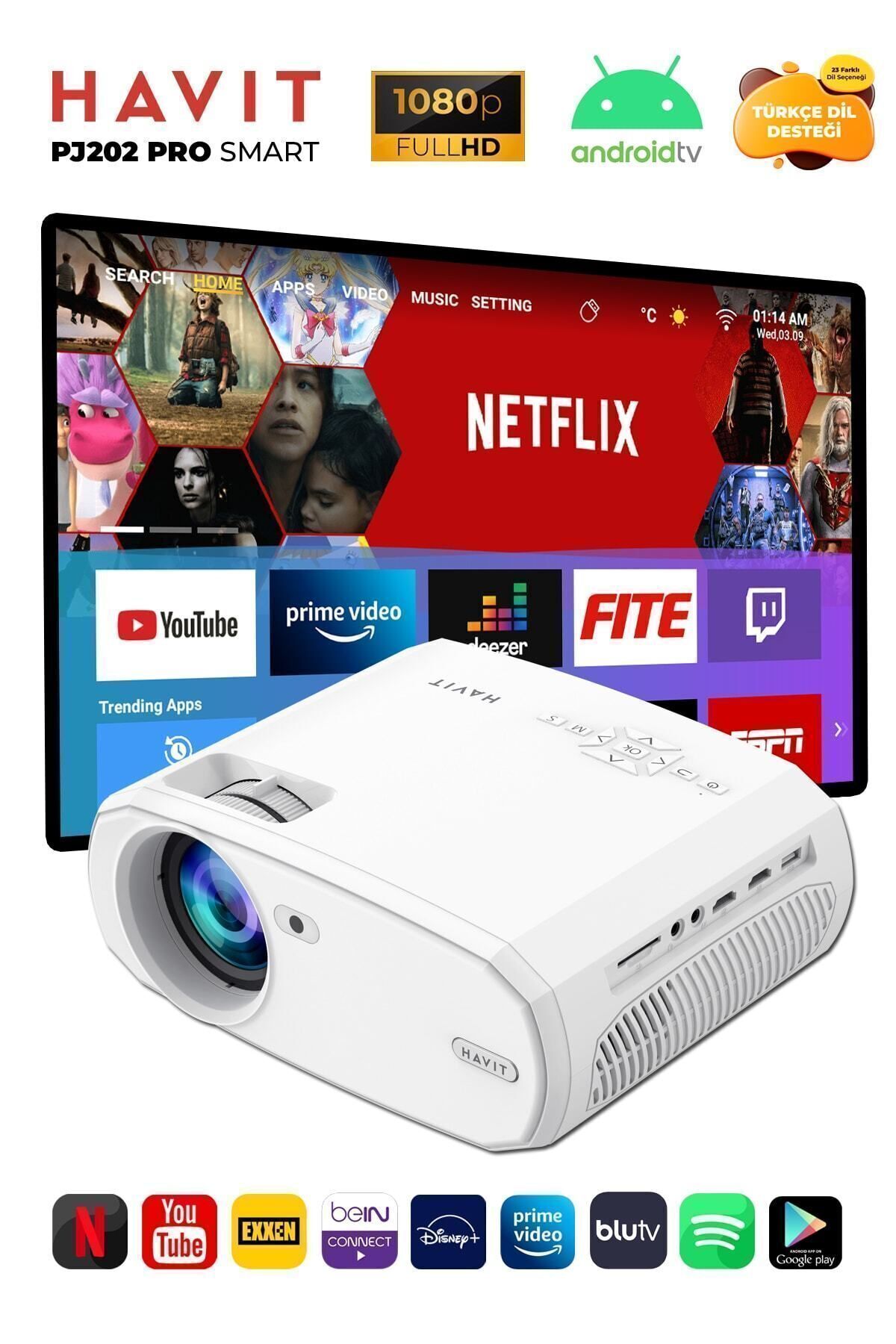 FULL HD Pj202 Pro Projeksiyon Smart Sürüm 4k Desteği Netflix Youtube, Exxen) - Türkçe Menü 1920 x 1