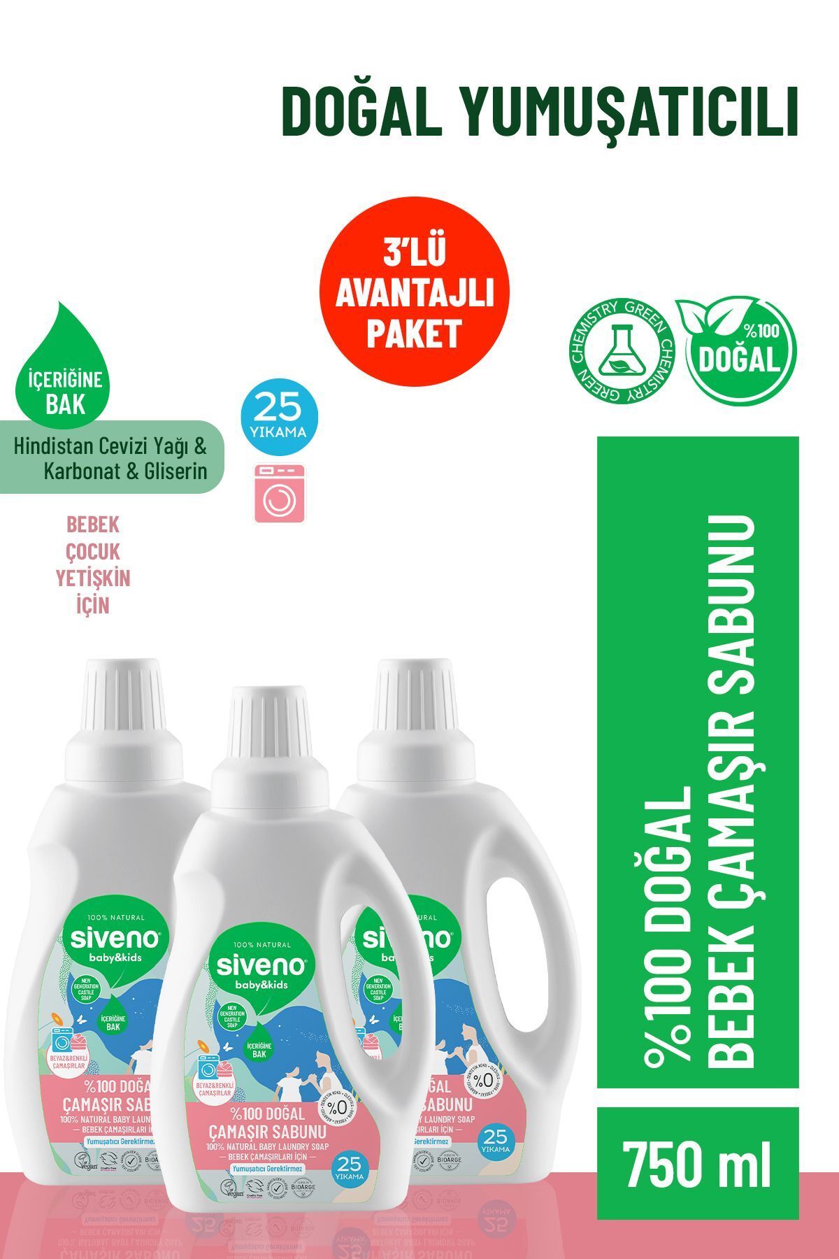 %100 Doğal Bebek Çamaşır Sabunu Kendinden Yumuşatıcılı Bitkisel Deterjan Konsantre 750 ml X3 Adet