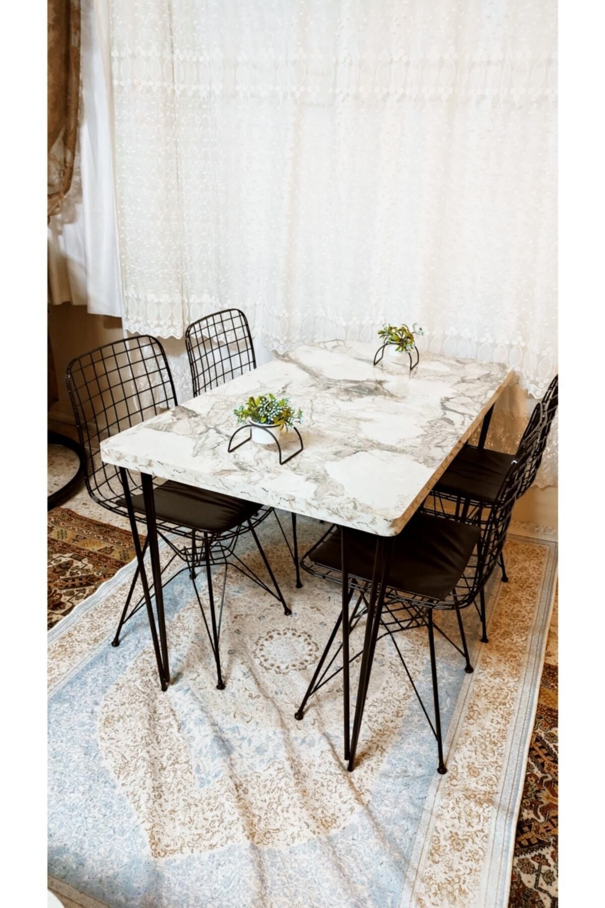 Yemek Masası Mutfak Masa 4 Kişilik Tel Sandalye Yeni Model Sandalye 70/110 Masa Ve 4 Adet Sandalya