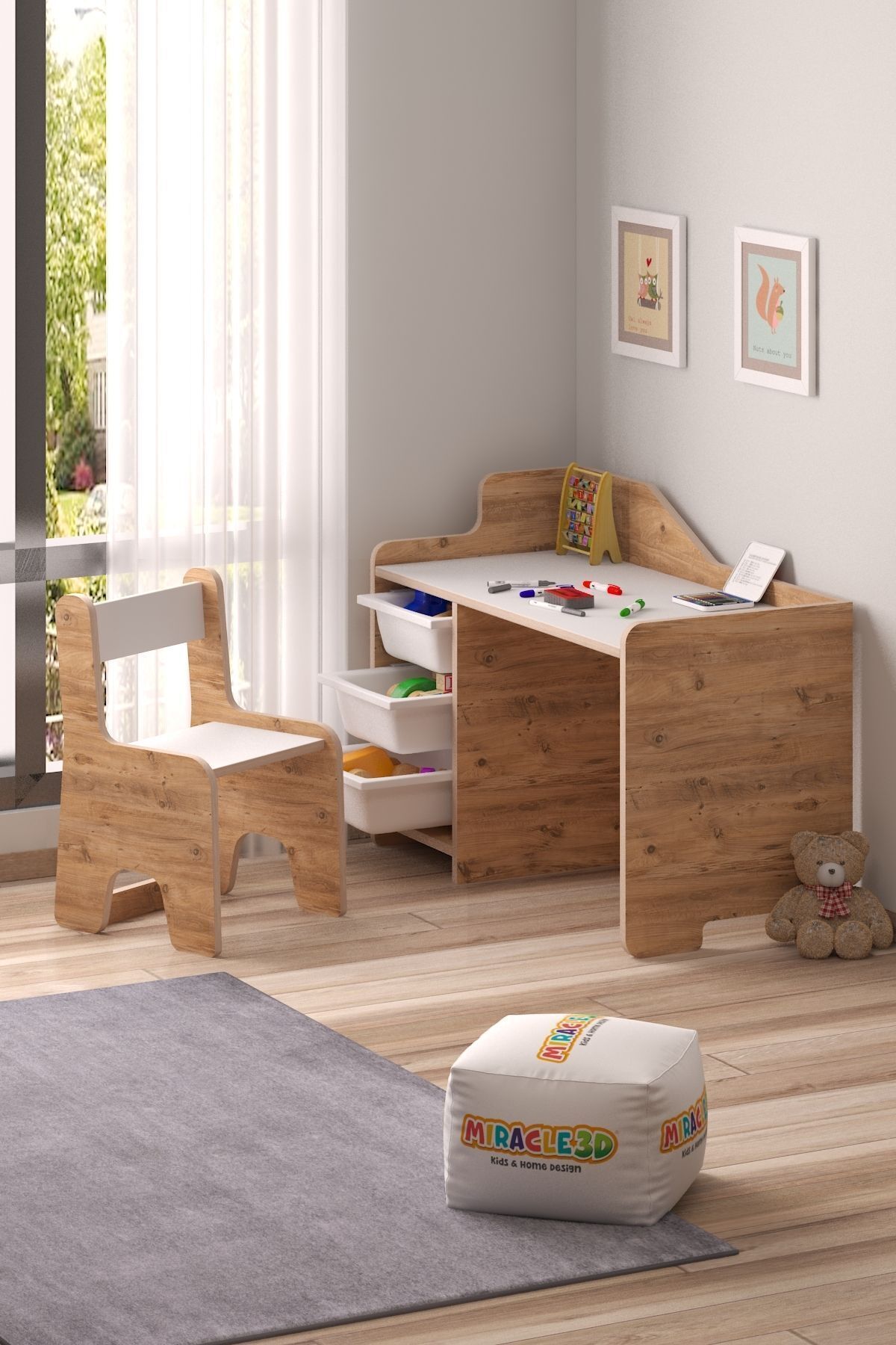 Çocuk Çalışma Masası  90x45 Cm 3 Sepetli Çocuk Çalışma Masası Sırt Dayamalı Sandalye