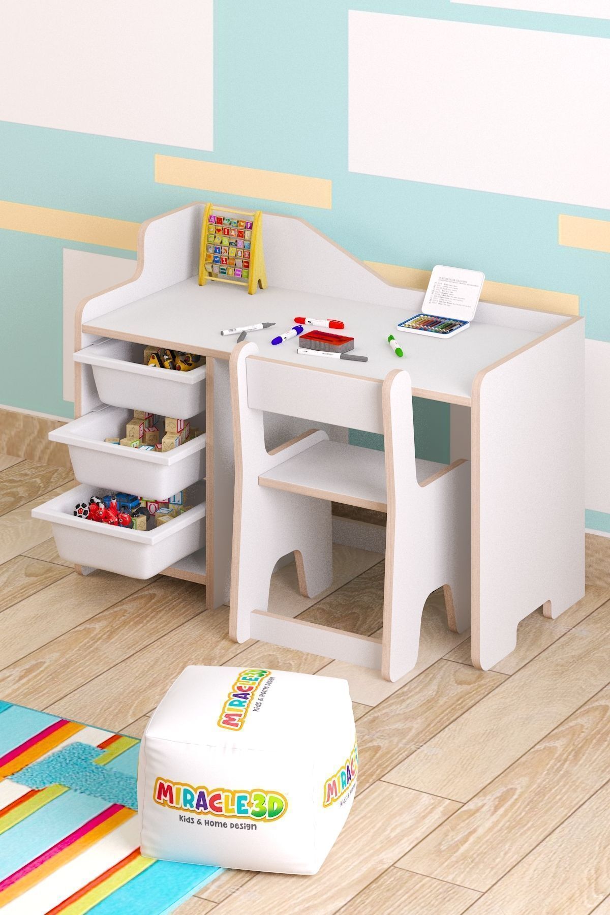 Çocuk Çalışma Masası 90x45 Cm 3 Sepetli Çocuk Çalışma Masası Sırt Dayamalı Sandalye