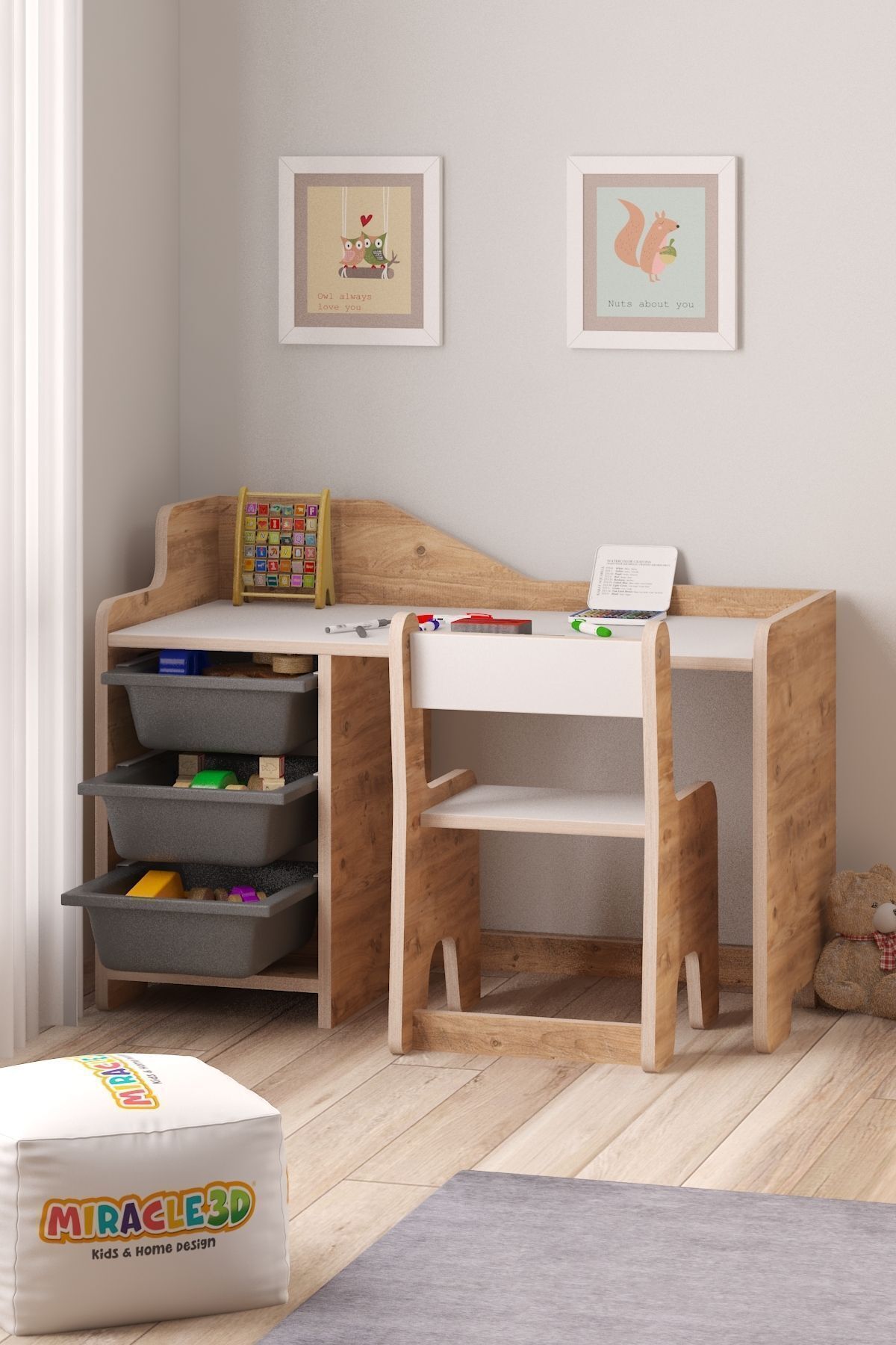 KÇocuk Çalışma Masası  90x45 Cm 3 Sepetli Çocuk Çalışma Masası Sırt Dayamalı Sandalye