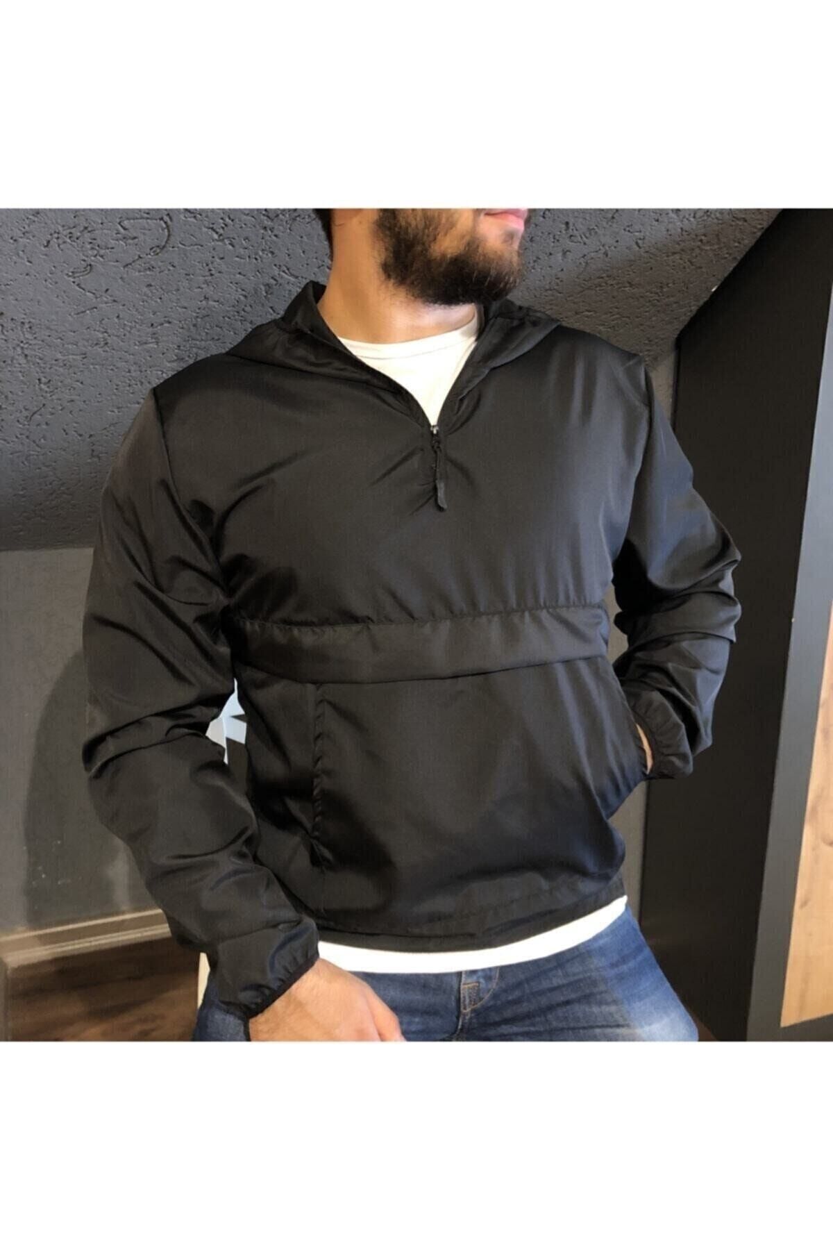 Unisex Siyah Ince Kanguru Cep Yağmurluk