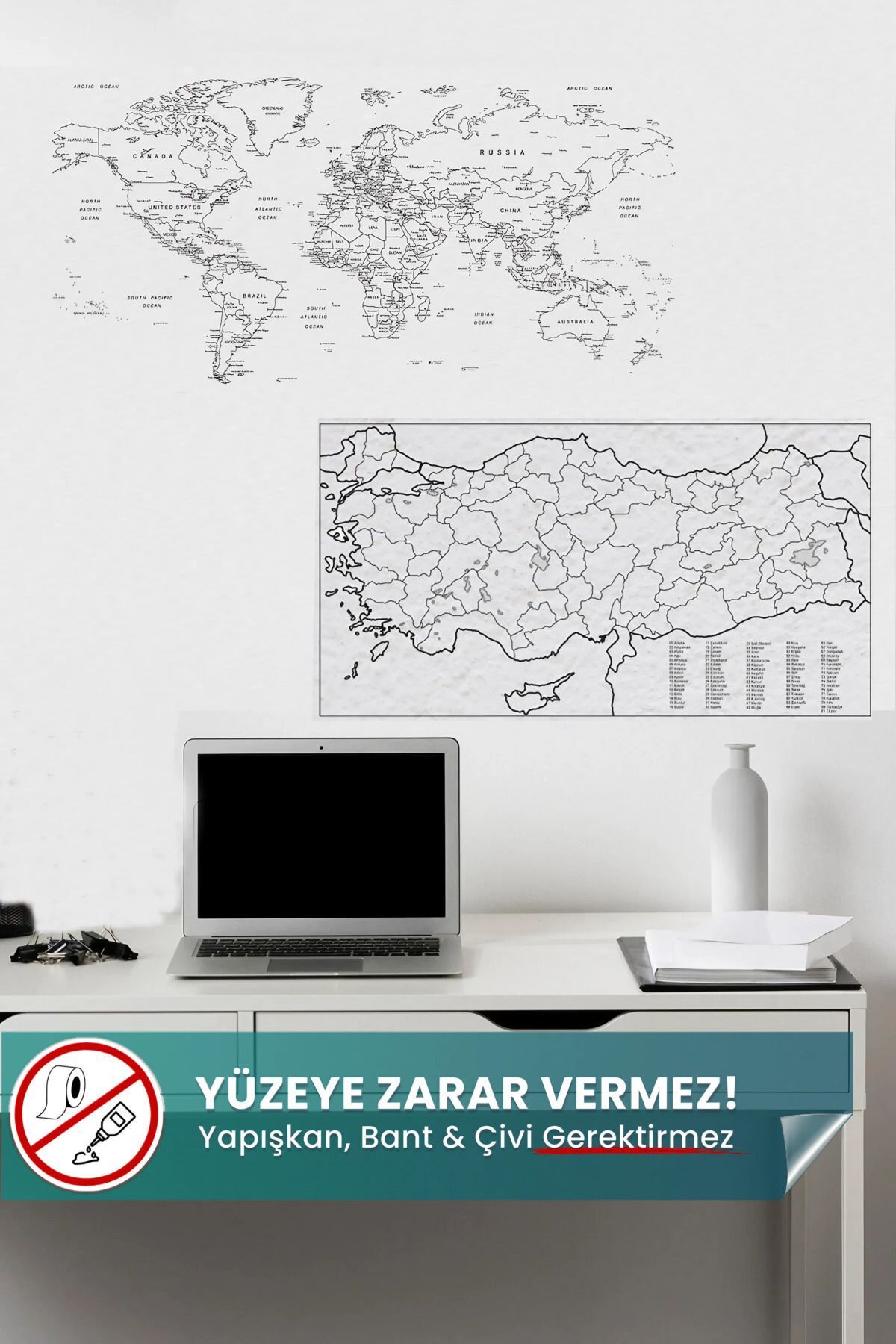 Türkiye Ve Dünya Haritası Yapışkansız Statik Tutunan Not Kağıt Tutucu Özellikli Pratik Akıllı Kağıt