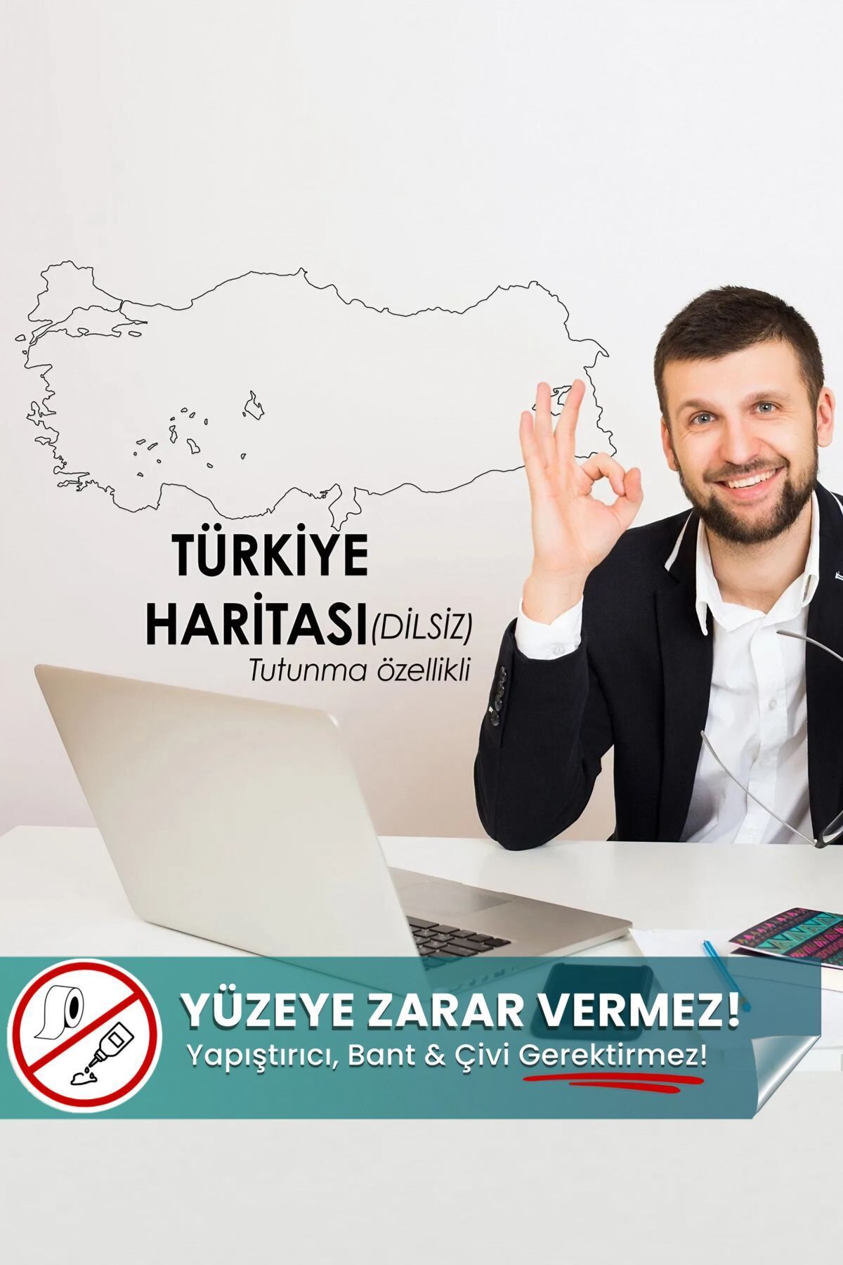 Dilsiz Türkiye Haritası - Yapışkansız Tutunma Ve Yaz-sil Özellikli Akıllı Kağıt (şehir Bölmesiz)