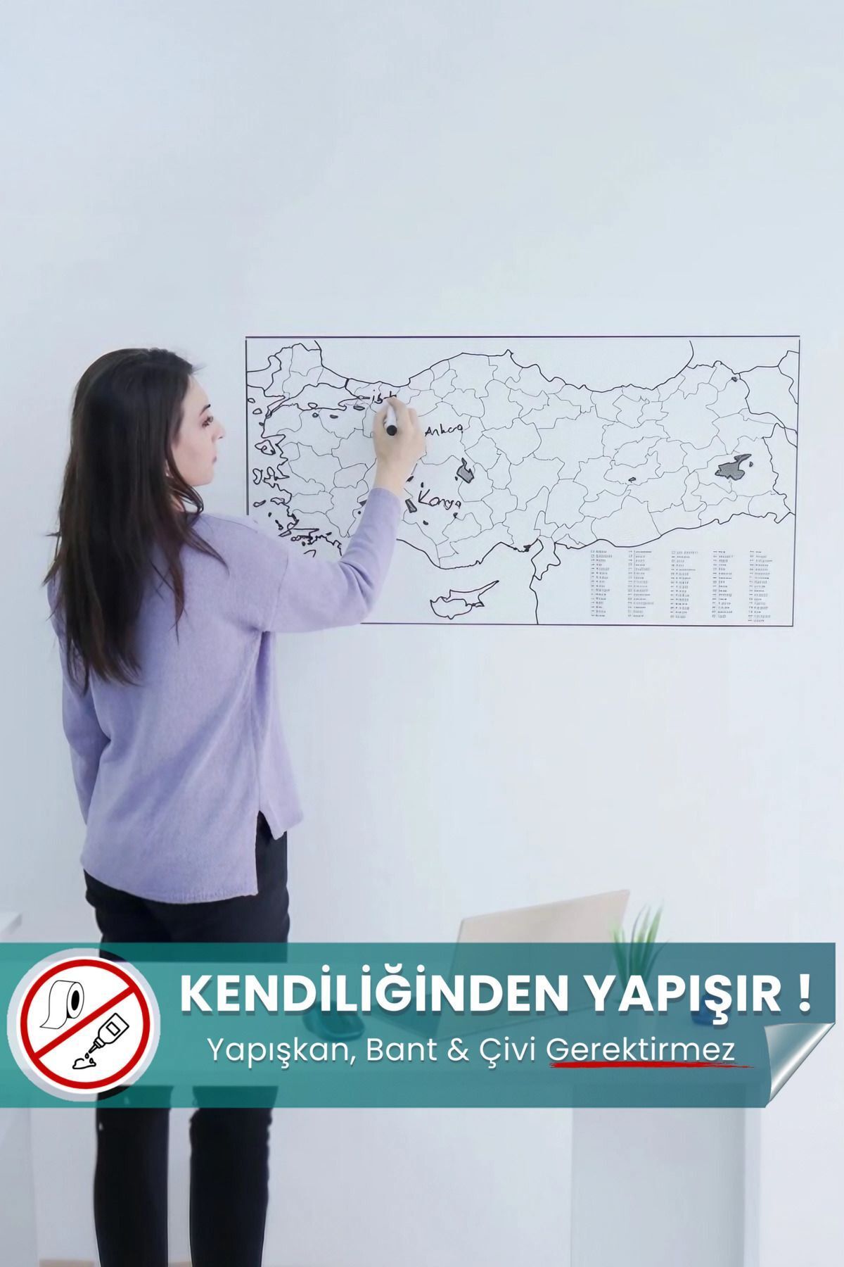 Türkiye Haritası - Yapışkansız Tutunan, Taşınabilir Pratik Kullanışlı, Yazılıp Silinen Akıllı Kağıt