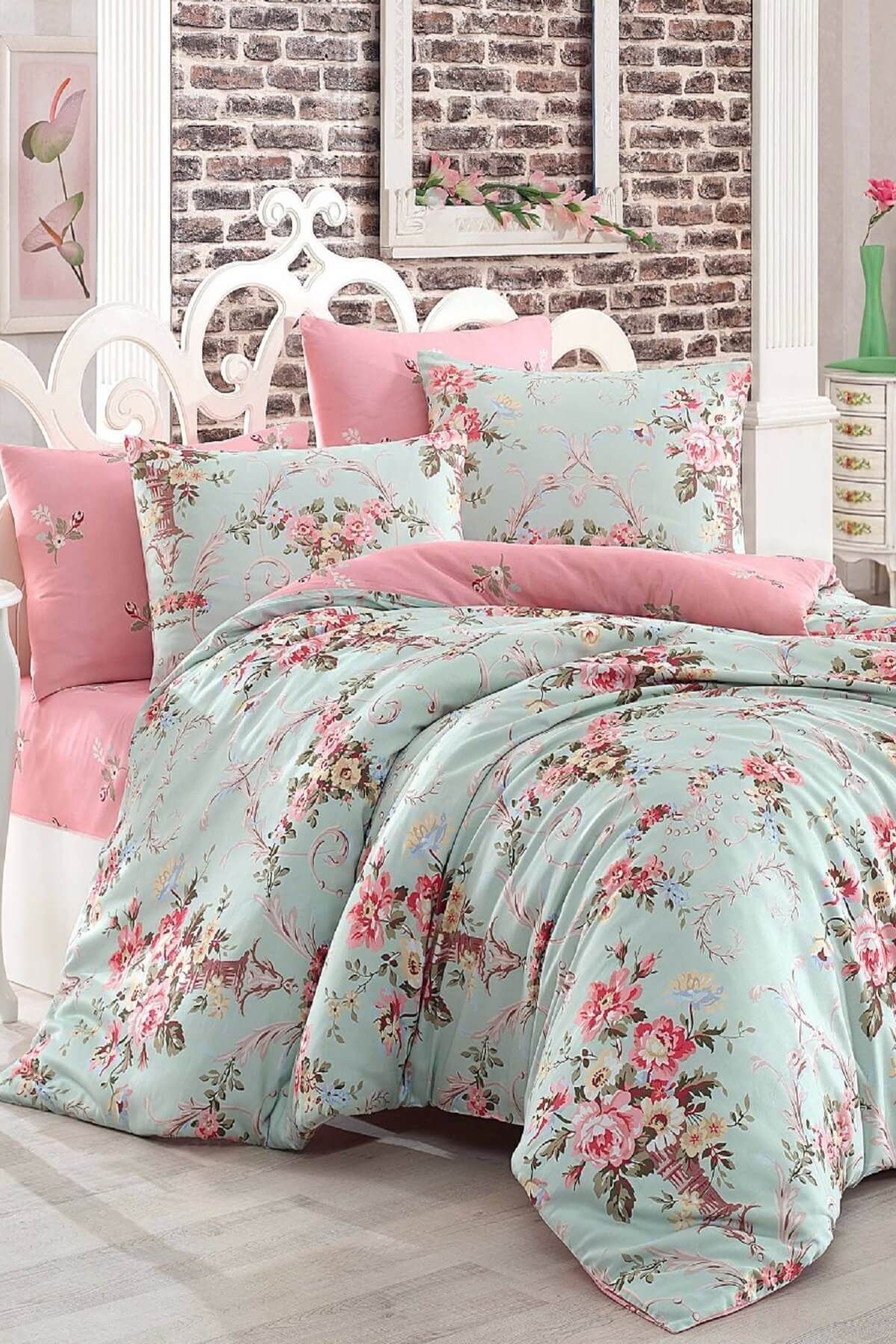 Çift Kişilik Kolay Ütülenir Nevresim Takımı Alanur Mint-pembe
