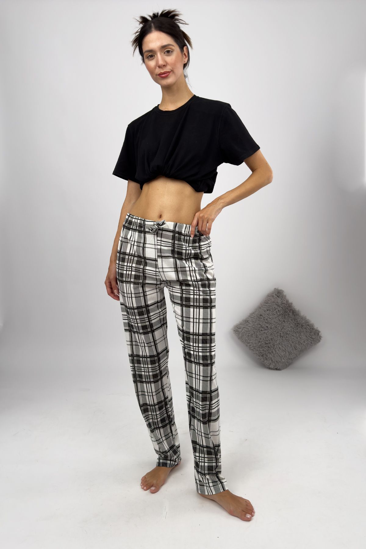Kadın Pijama Altı Kurdeleli Beyaz Siyah Kare