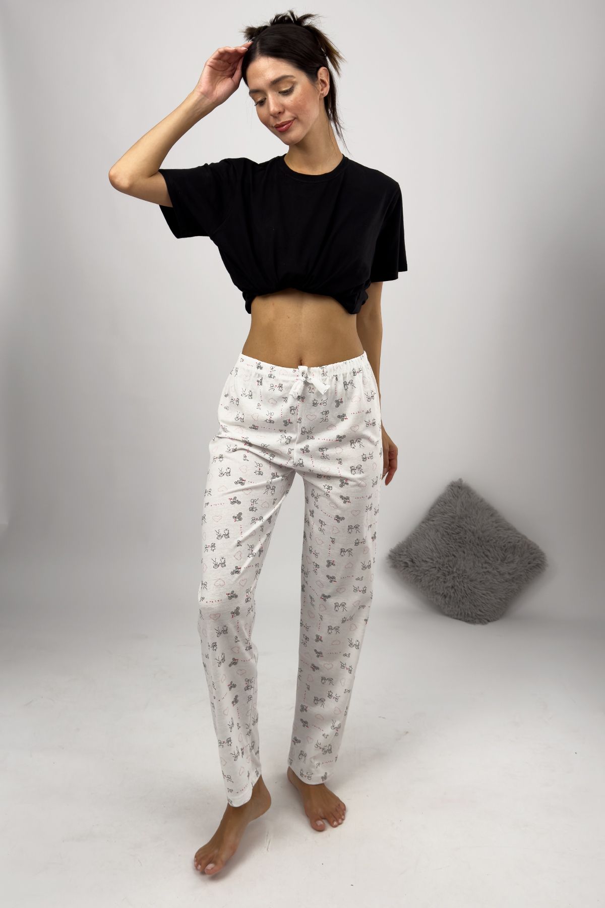 Kadın Pijama Altı Kurdeleli Beyaz Çöp Adam