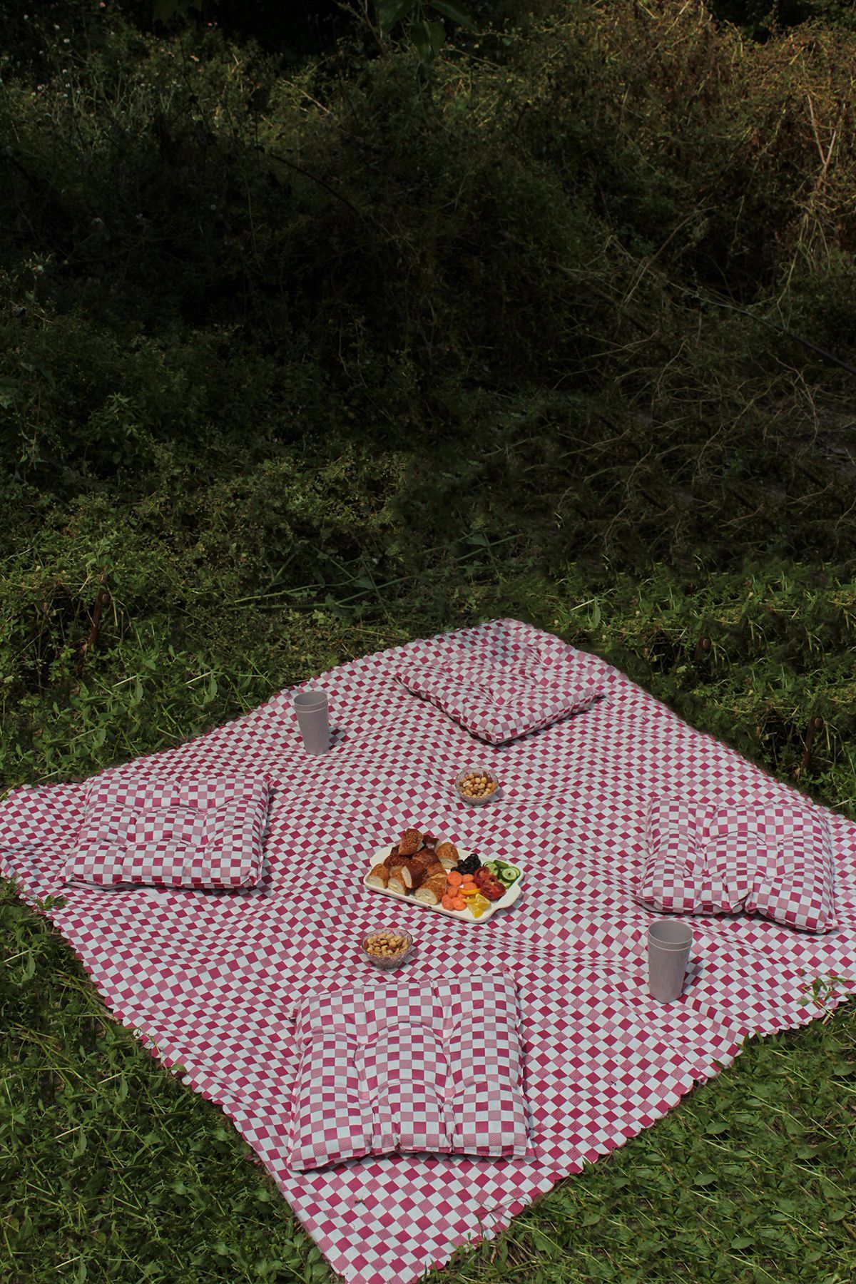 Yer Masa Piknik Örtüsü Sofra Bezi 160 X 160 , 4 Minder 45 X 45cm Set (FUŞYA)