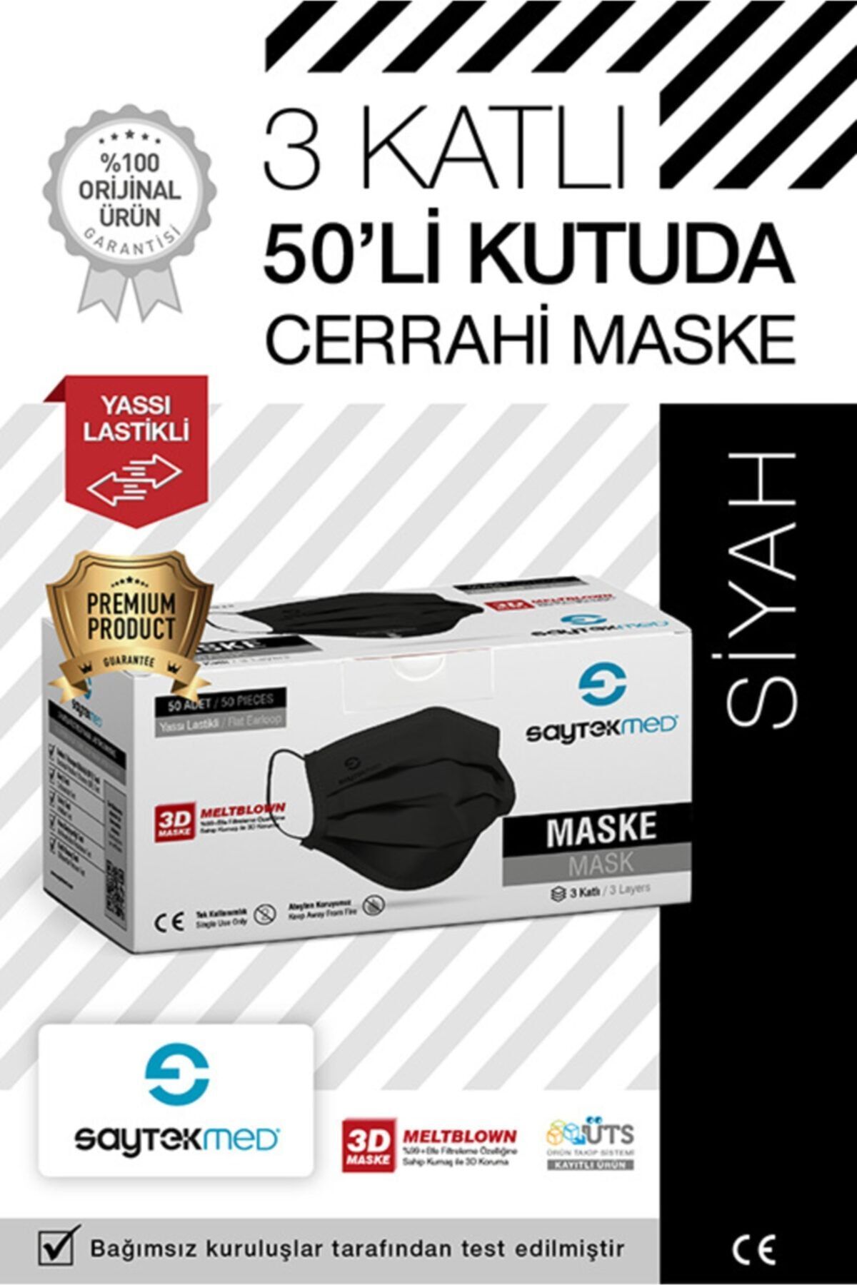 Meltblown Filtreli, 3 Katlı Yassı Ipli Siyah Maske (1 KUTU/50 ADET)