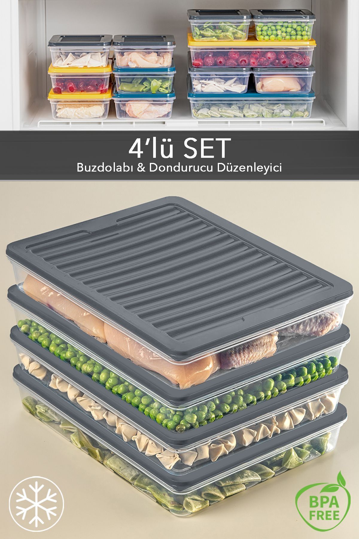 4'lü Buzdolabı Organizer Mikrodalga Ve Difrize Uygun Saklama Kabı Antrasit 4 X 2400 ml
