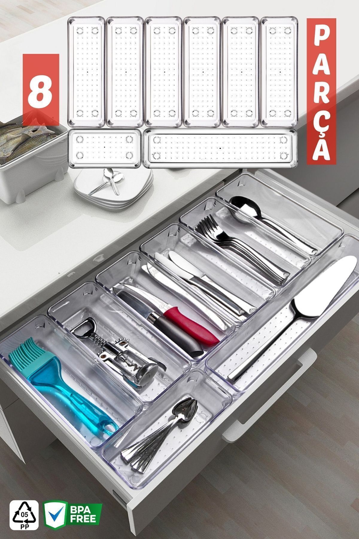 8 Parça Çekmece İçi Çatal, Kaşık & Bıçak Düzenleyici Organizer