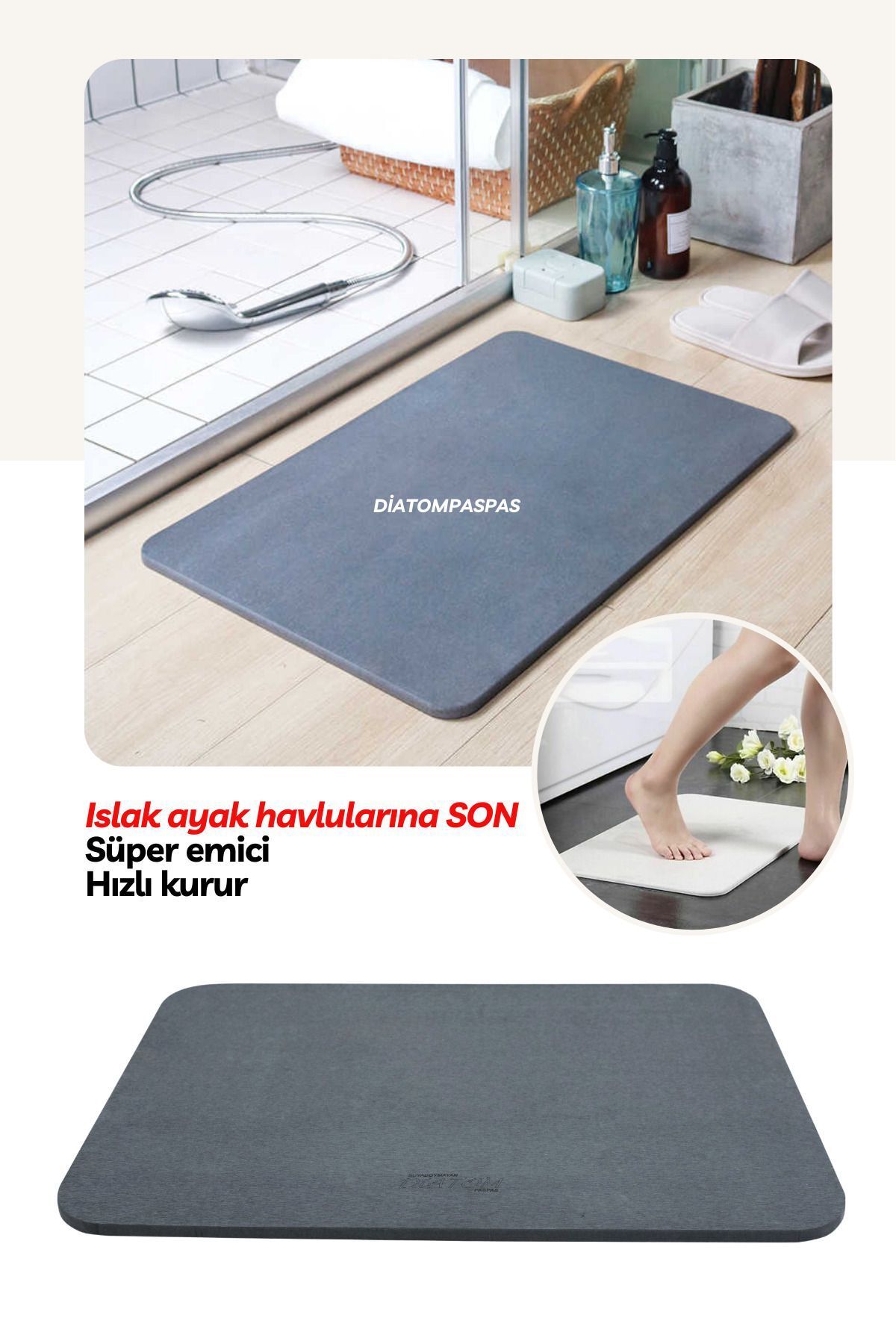 Sihirli Su Emici Gri Renk Diatom Banyo Paspas Diatomite Su Çeken Suyadoymayanpaspas