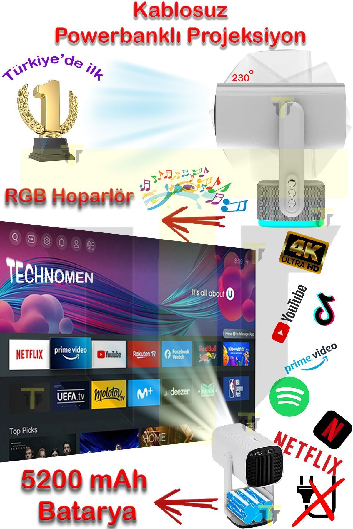 1080*720p Android 11.0 Taşınabilir Kendinden Şarjlı Bluetooth Hoparlör Otomatik Odaklama Projeksiyon
