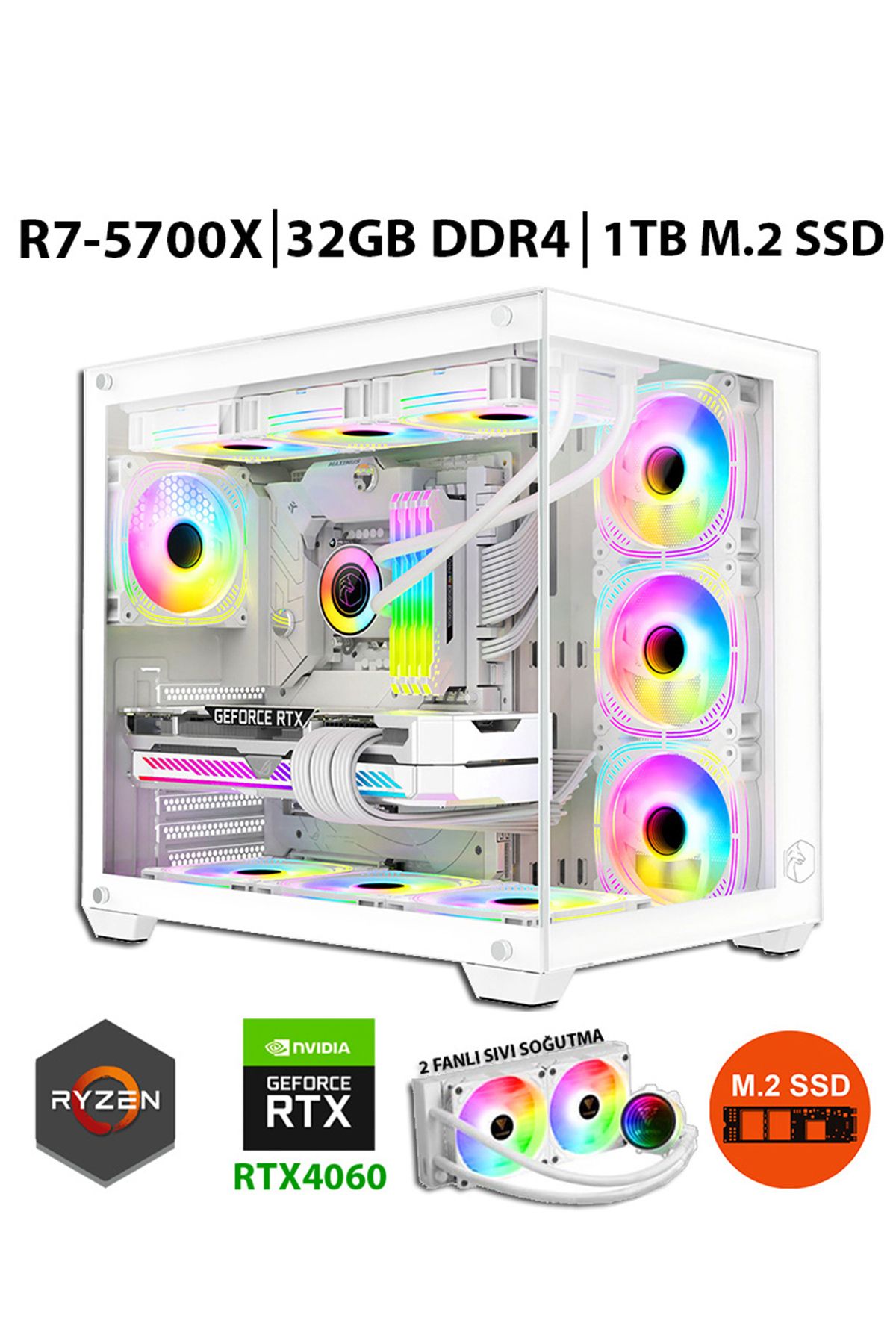 Mirage X32 Pro White Ryzen 7 5700X 32GB RAM 1TB M.2 SSD 8GB RTX4060 Sıvı Soğutmalı Oyun Bilgisayarı