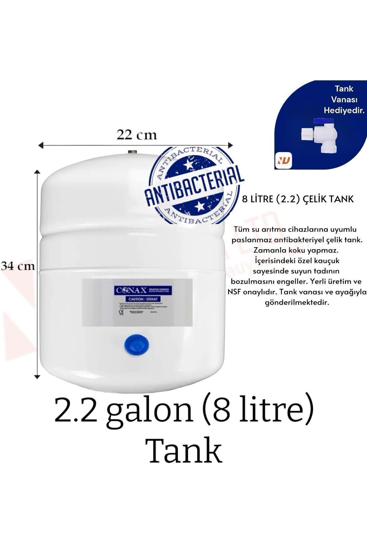 Su Arıtma Tankı 8LT Tüm Cihazlara Uyumlu, NSF Onaylı, Paslanmaz Çelik Tank, Antibakteriyel
