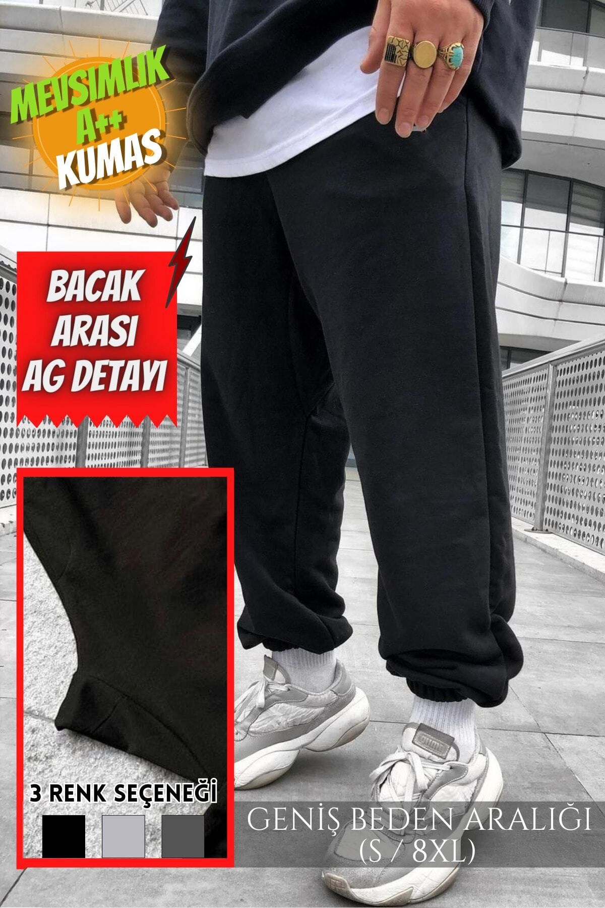 2 Iplik Yazlık Siyah Oversize Paçası Lastikli Eşofman Altı Büyük Beden Battal Kesim Bol Kalıp