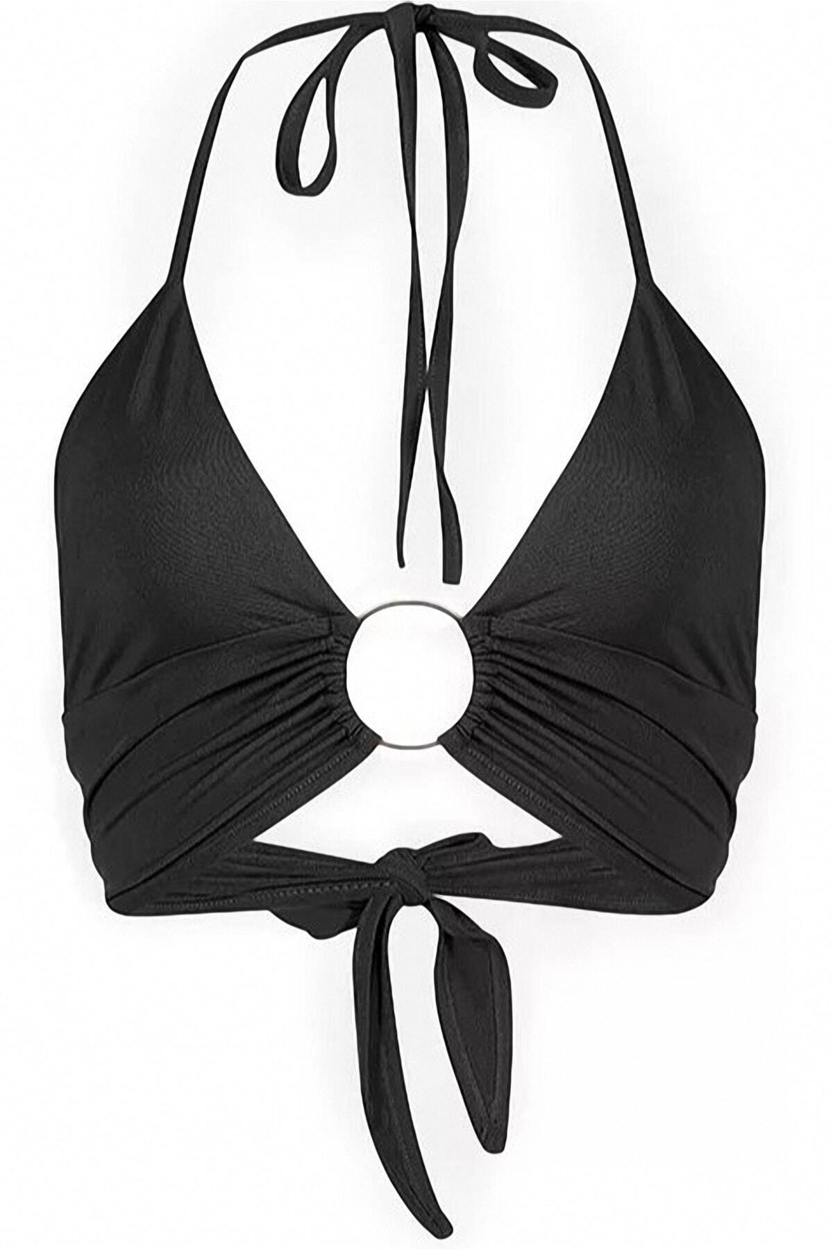 Siyah Halka Aksesuarlı Çift Kat Özel Koleksiyon Tulumlu Şık Bikini Üstü