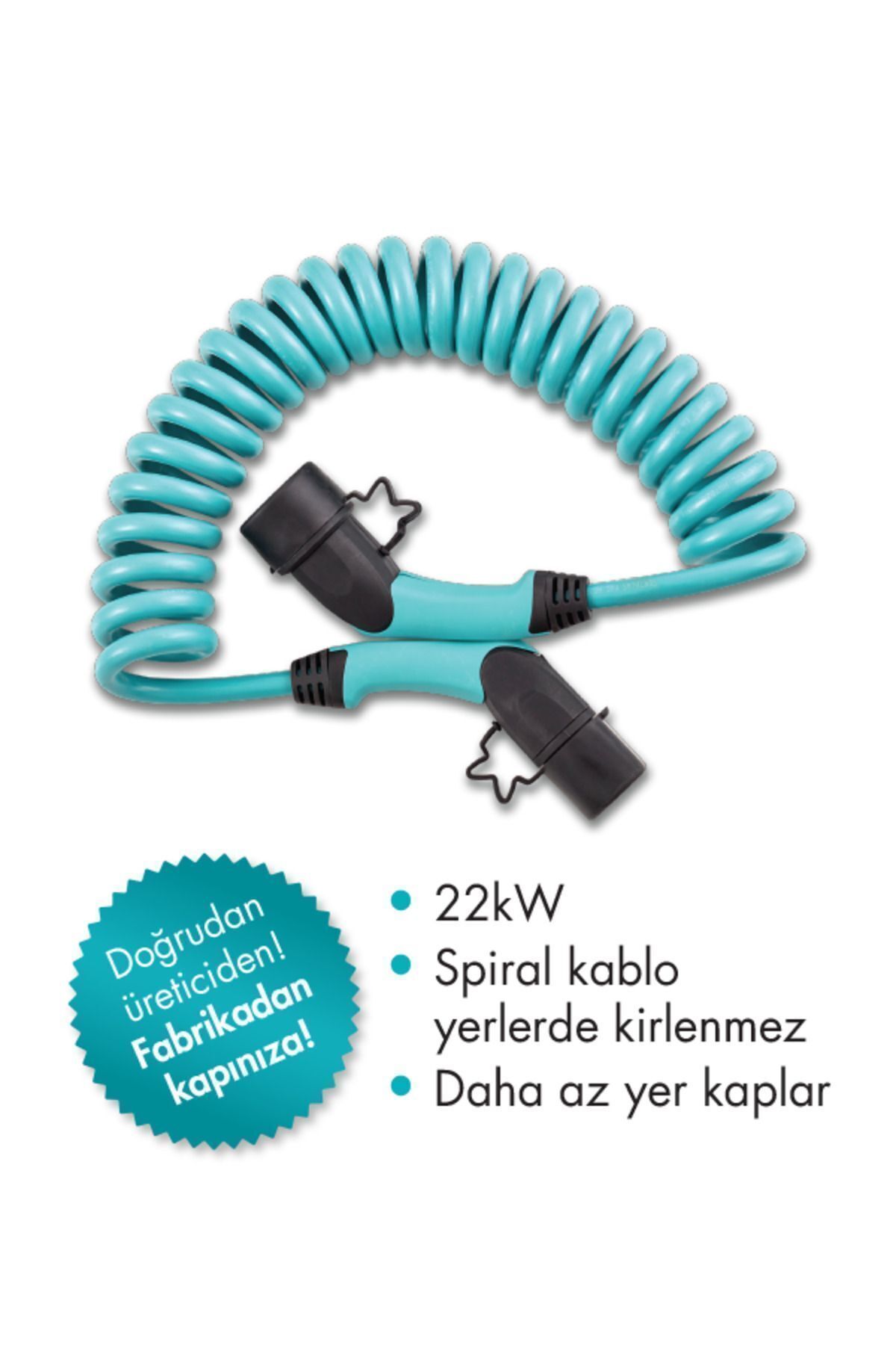 Elektrikli Araç Şarj Kablosu - Spiral Tip-2, 22 Kw, 32a, 380v Ac, Togg / Tesla Uyumlu