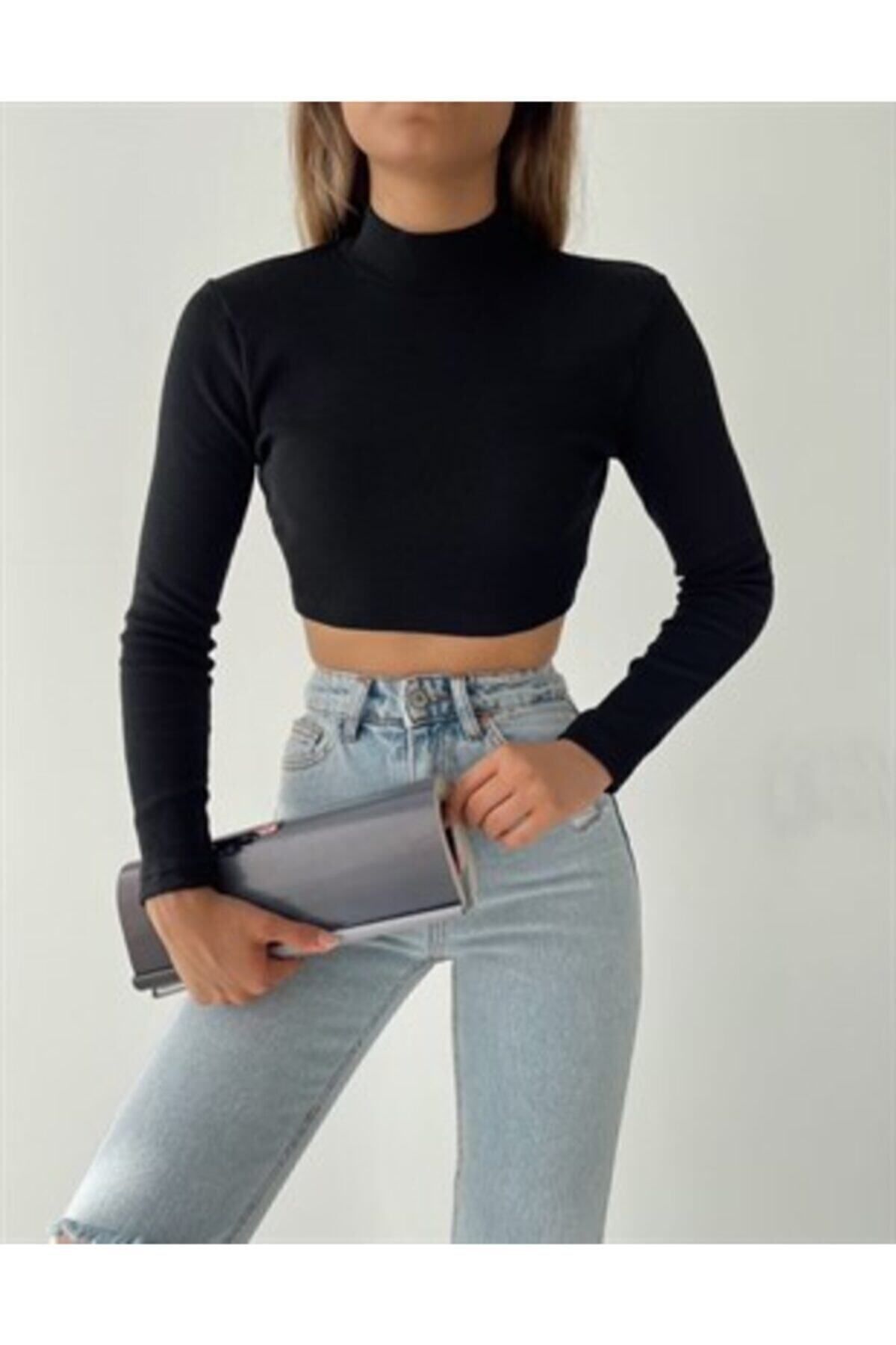 Kadın Siyah Fitilli Yarım Balıkçı Yaka Kaşkorse Crop Bluz