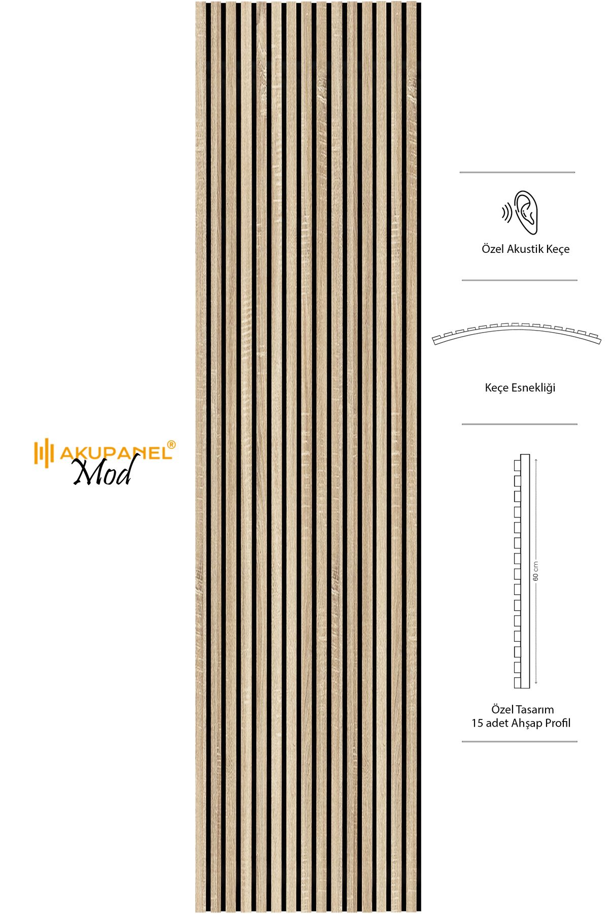 Mod14 60x245 Cm Meşe Renk Akustik Ahşap Duvar Paneli