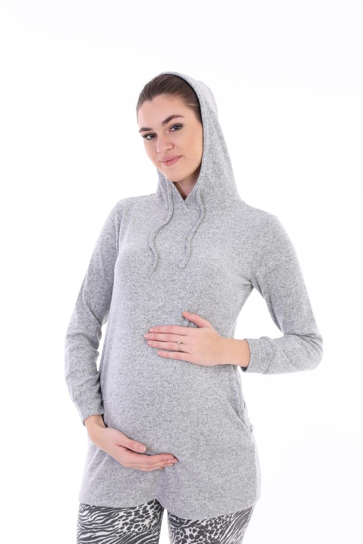 Gri Hamile Esnek Yumoş Kumaş Kapşonlu Sweatshirt