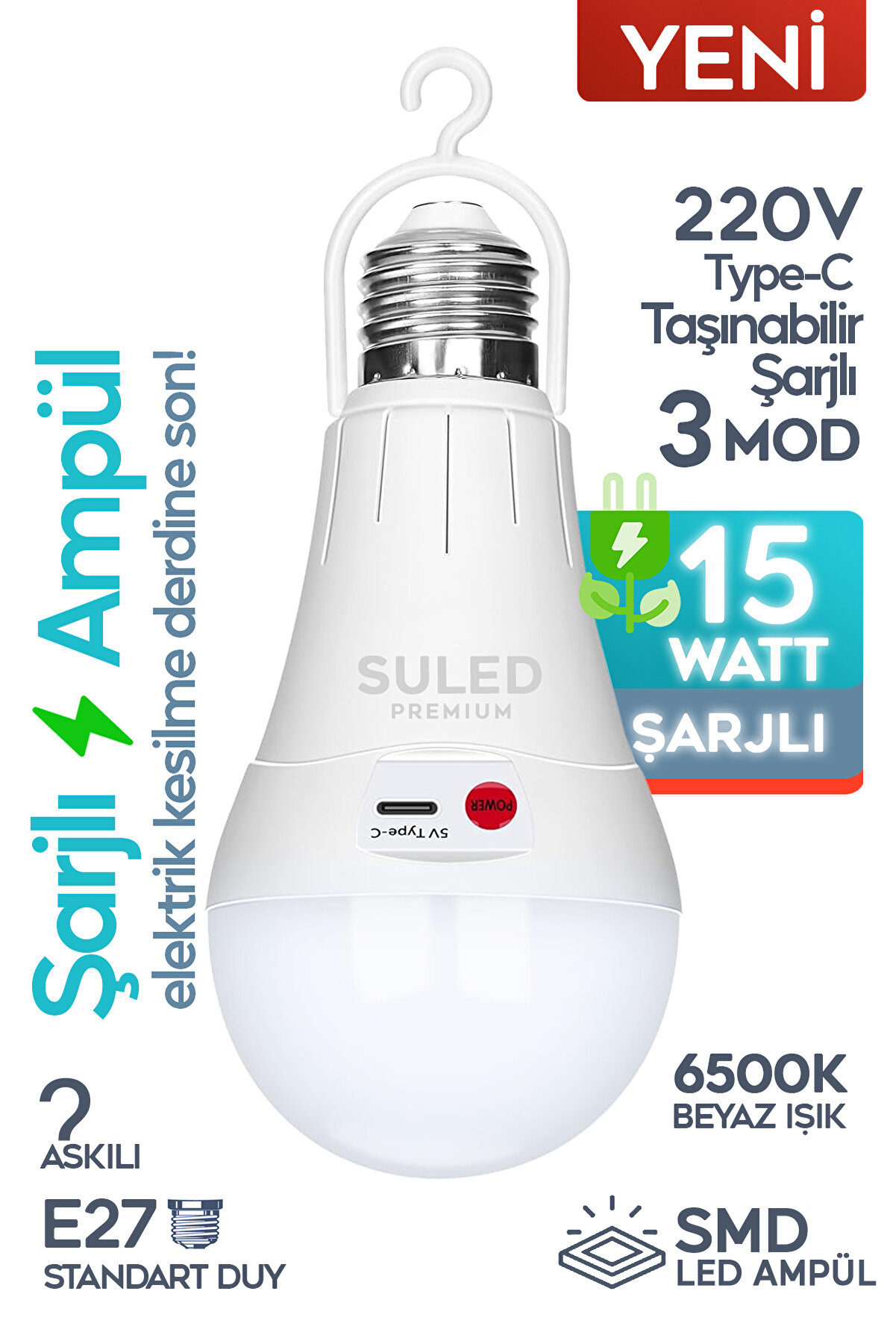 Şarjlı Ampül 15W Beyaz Işık Tavan Kamp Işığı Acil Durum El Feneri Type-C 220V Şarjlı Beyaz E27 Duy