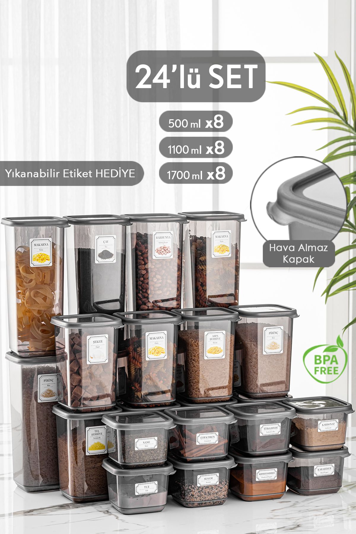 24'lü Mega Set Pino Kare Erzak Saklama Kabı Seti Antrasit 8x(0,50 LT-1,10 LT -1,70 LT) Etiketli