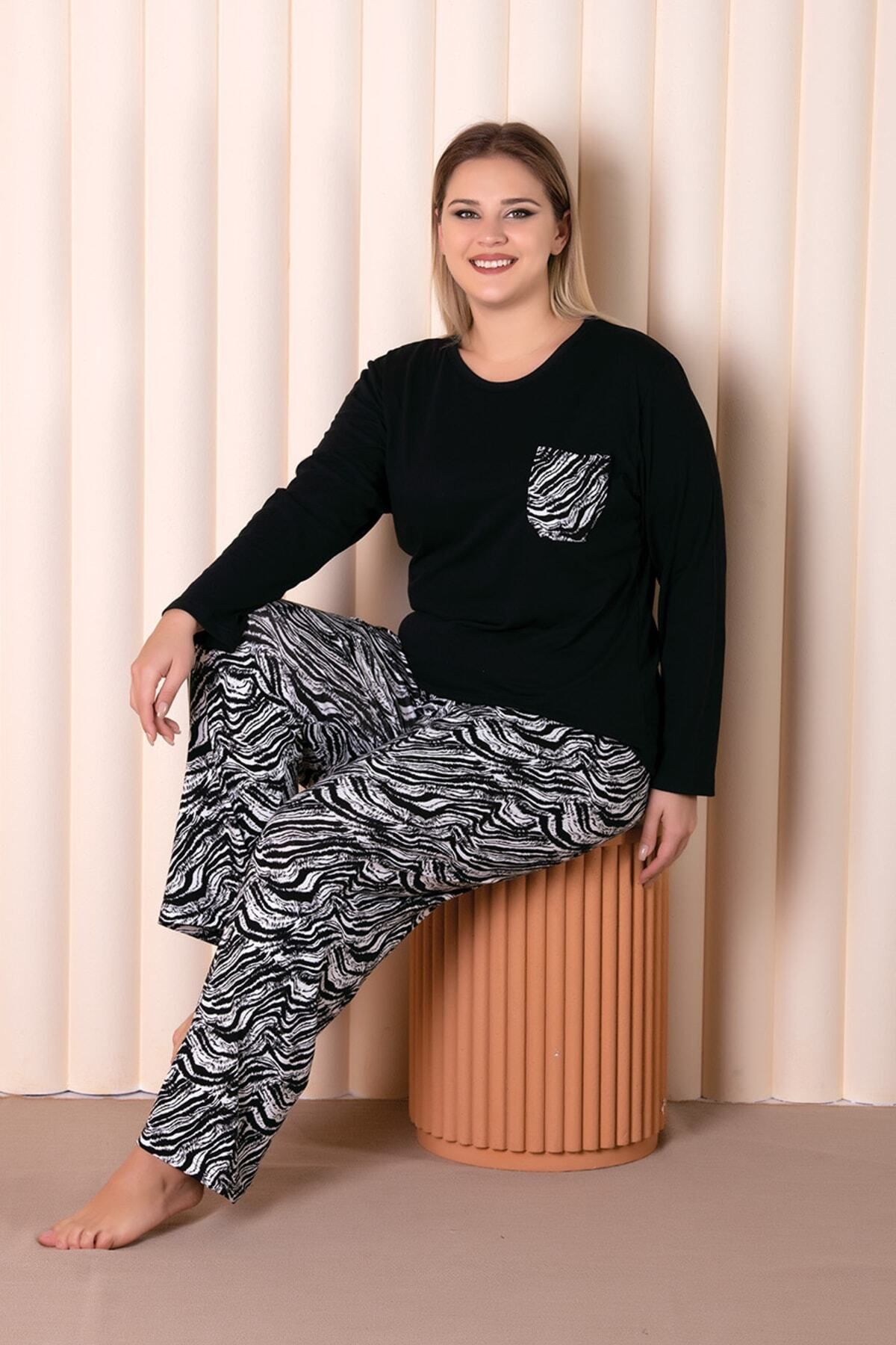 Büyük Beden Siyah Renkli Zebra Desenli Cepli Uzun Kollu Battal Pijama Takımı B-3