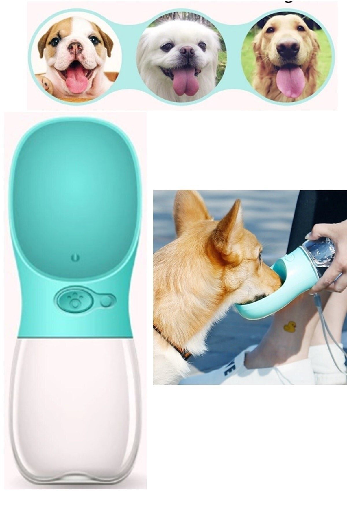 Taşınabilir Kedi Köpek Suluğu Seyahat Su Şişesi Kaseli Emniyetli Sızdırmaz Kutulu 350ml Turkuaz