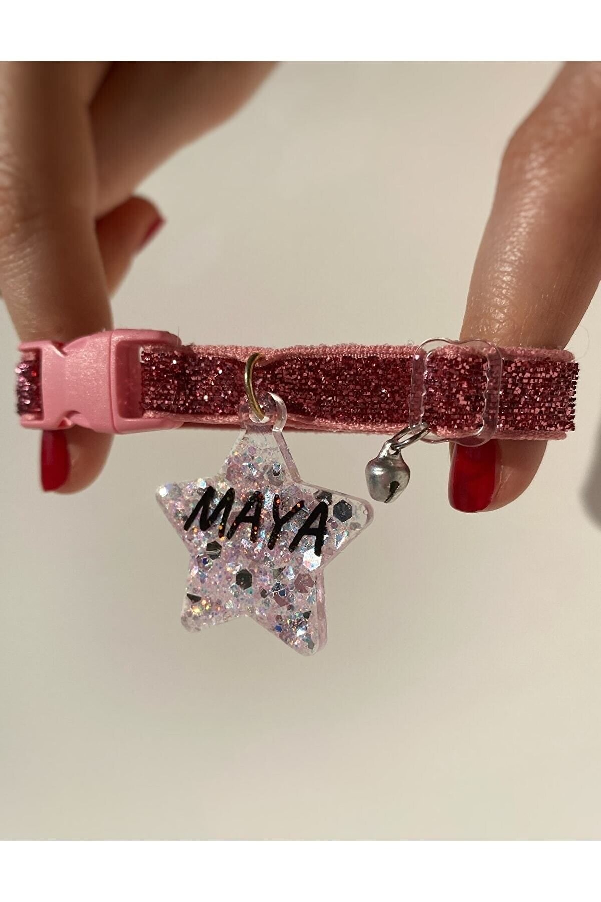 "yıldız" Şeklinde Pembe Tasma - Zilli - Sugar Pink Glitter - Isimli Kedi/ Küçük Irk Köpek Tasması