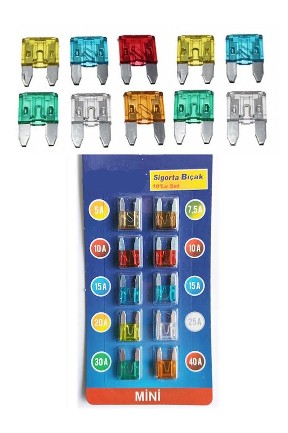 Oto Araç Bıçak Sigorta Mini Sigorta 10'lu Set 5-7,5-10-15-2-25-30-40 Amper