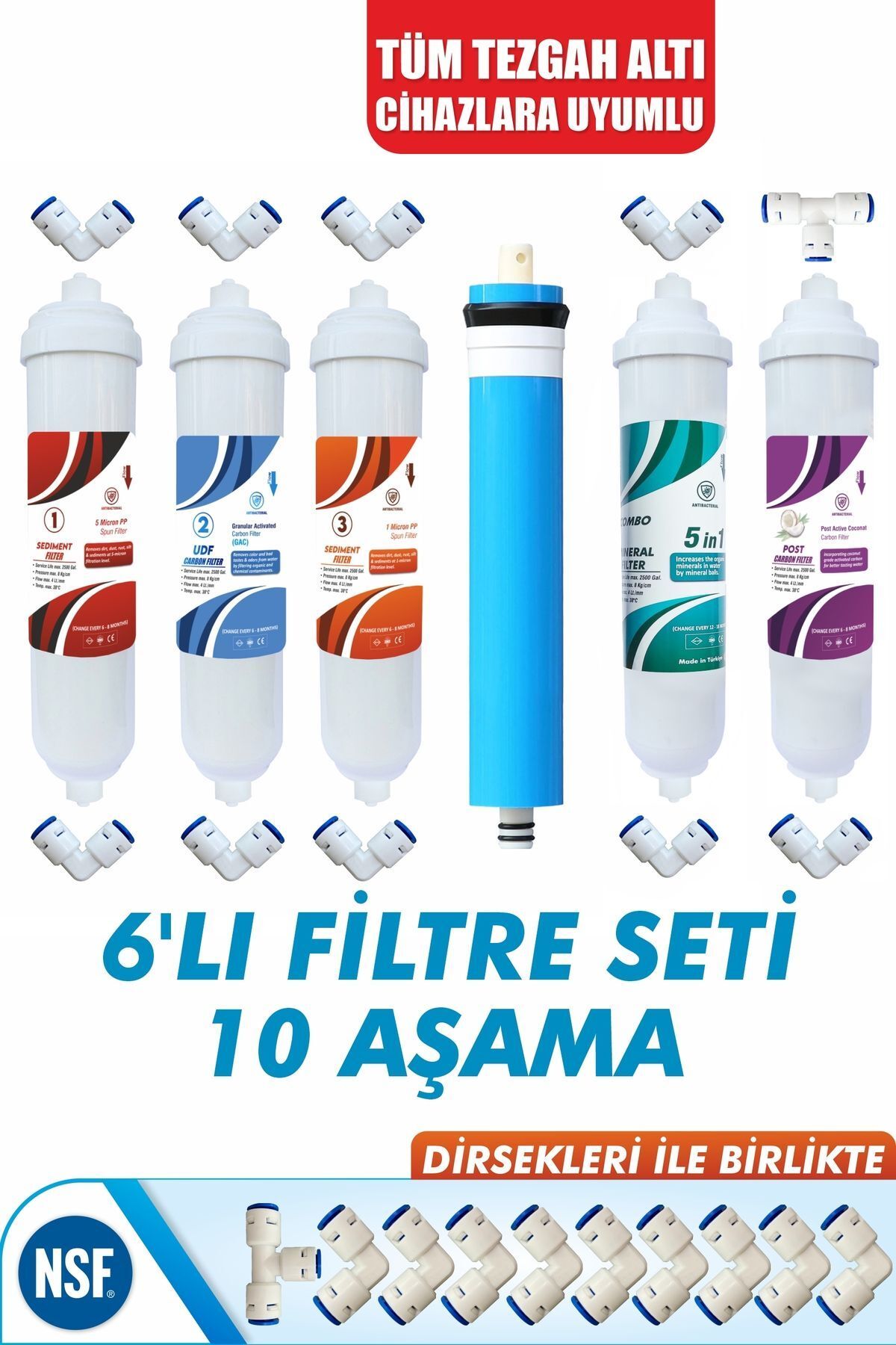 Tüm Kapalı Kasa Su Arıtma Cihazlarına Uyumlu 6 Filtre 10 Aşama Mineral Filtreli Set