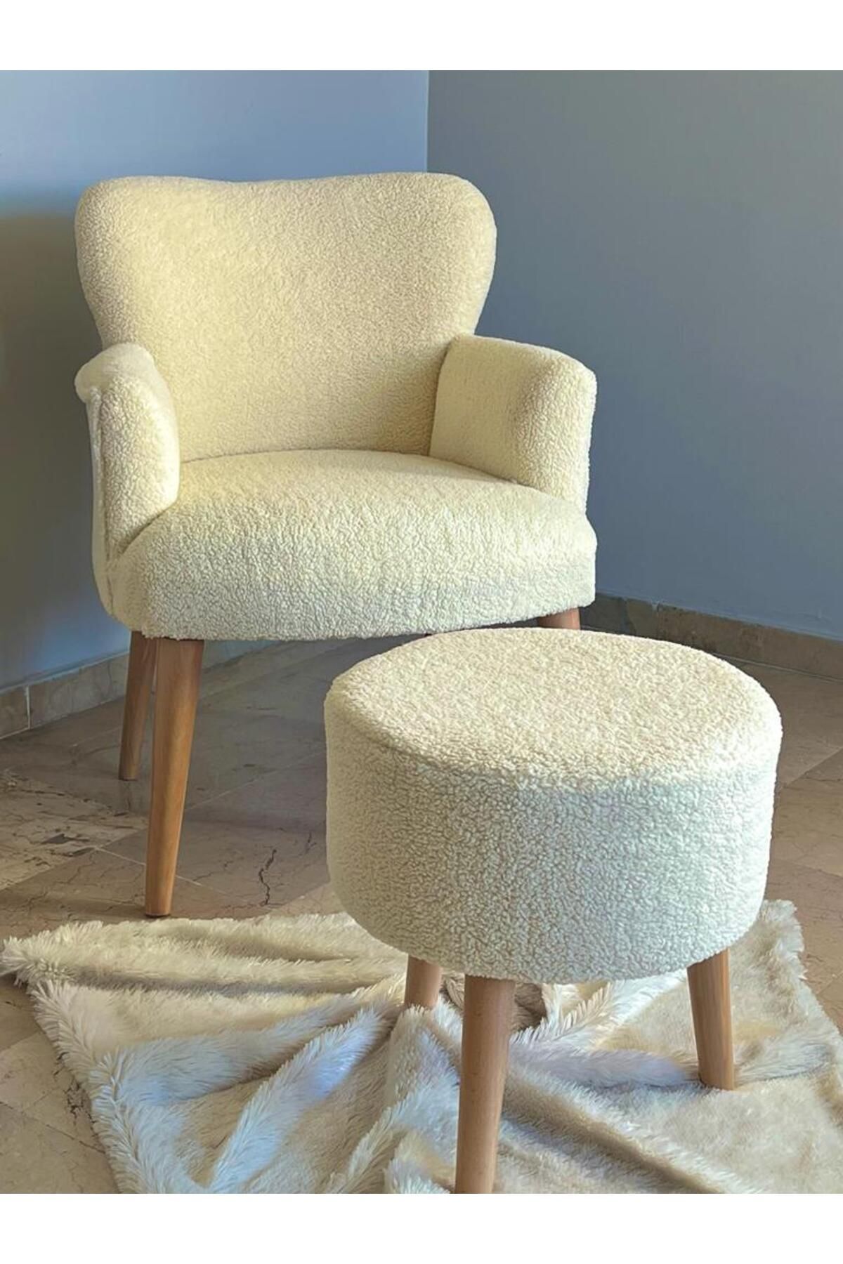 Berjer Puf Set -ikili Balkon Koltugu-tekli Koltuk Puflu-berjer-koltuk - Puffy Kumaş -- Doğal Ahşap
